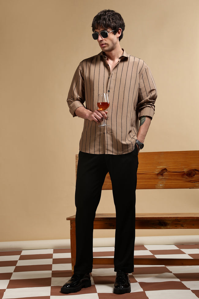 Men Khaki Nylon Slim Fit Striped Shirt