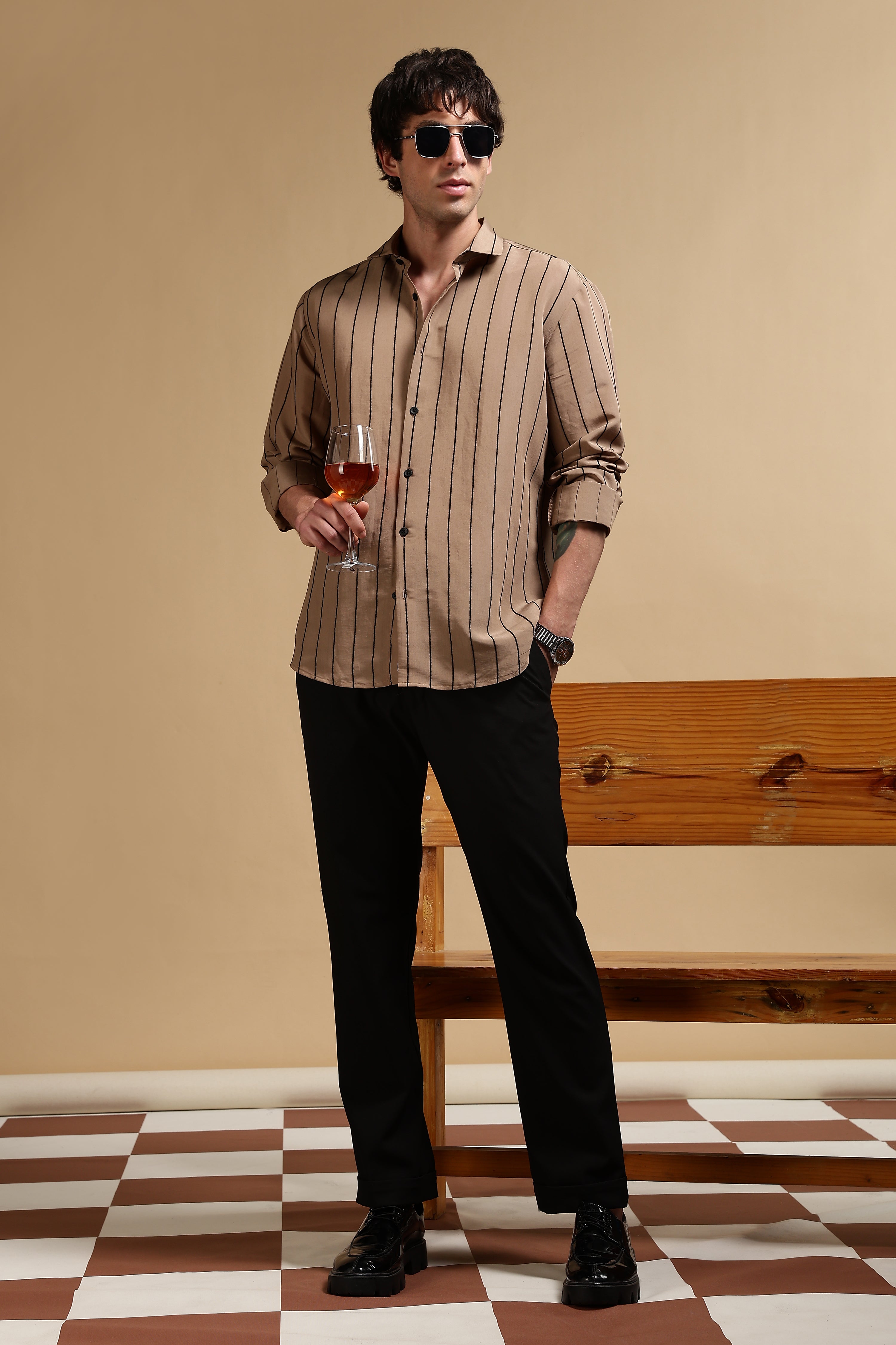 Men Khaki Nylon Slim Fit Striped Shirt