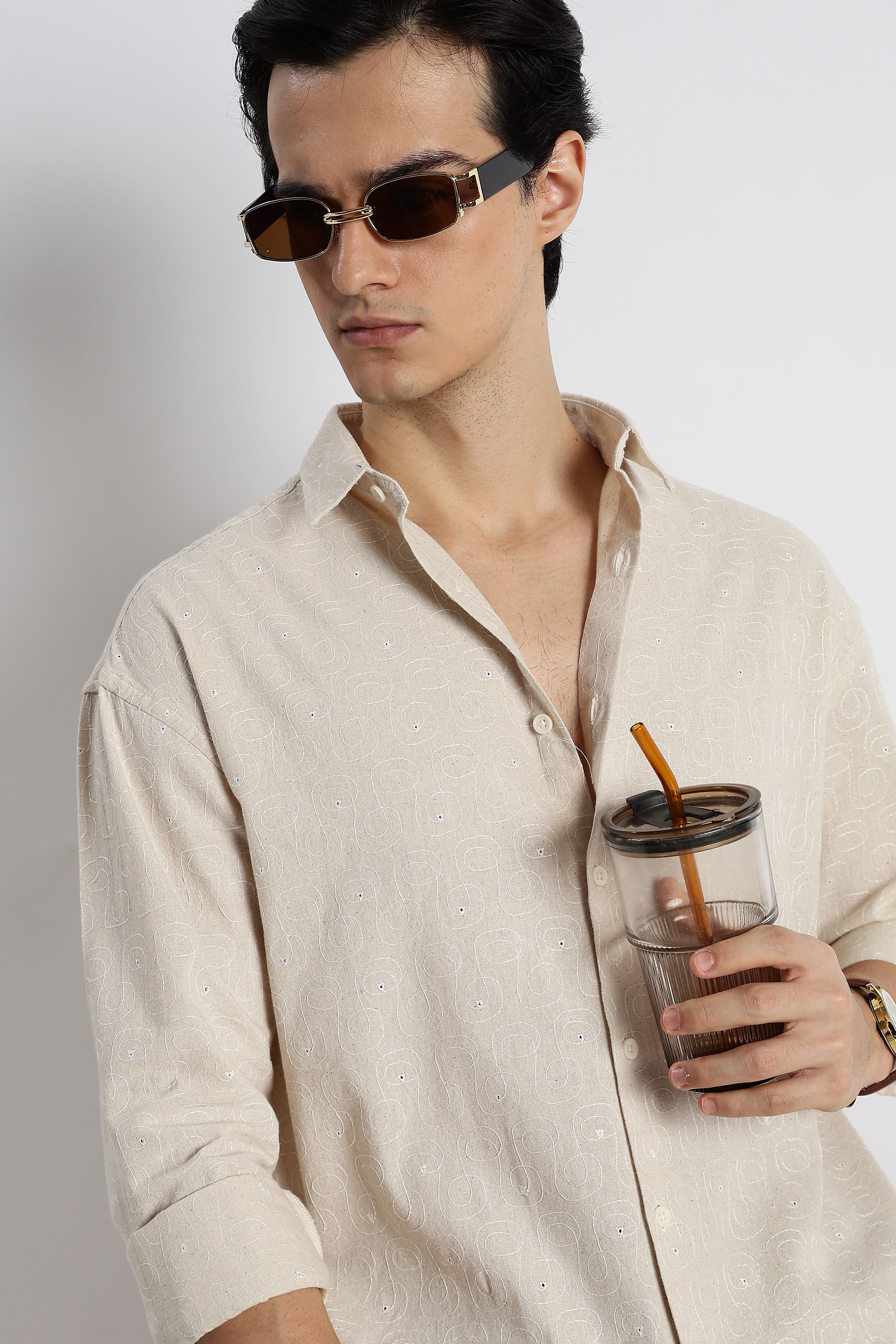 Men Natural Embroidered Cotton Shirt