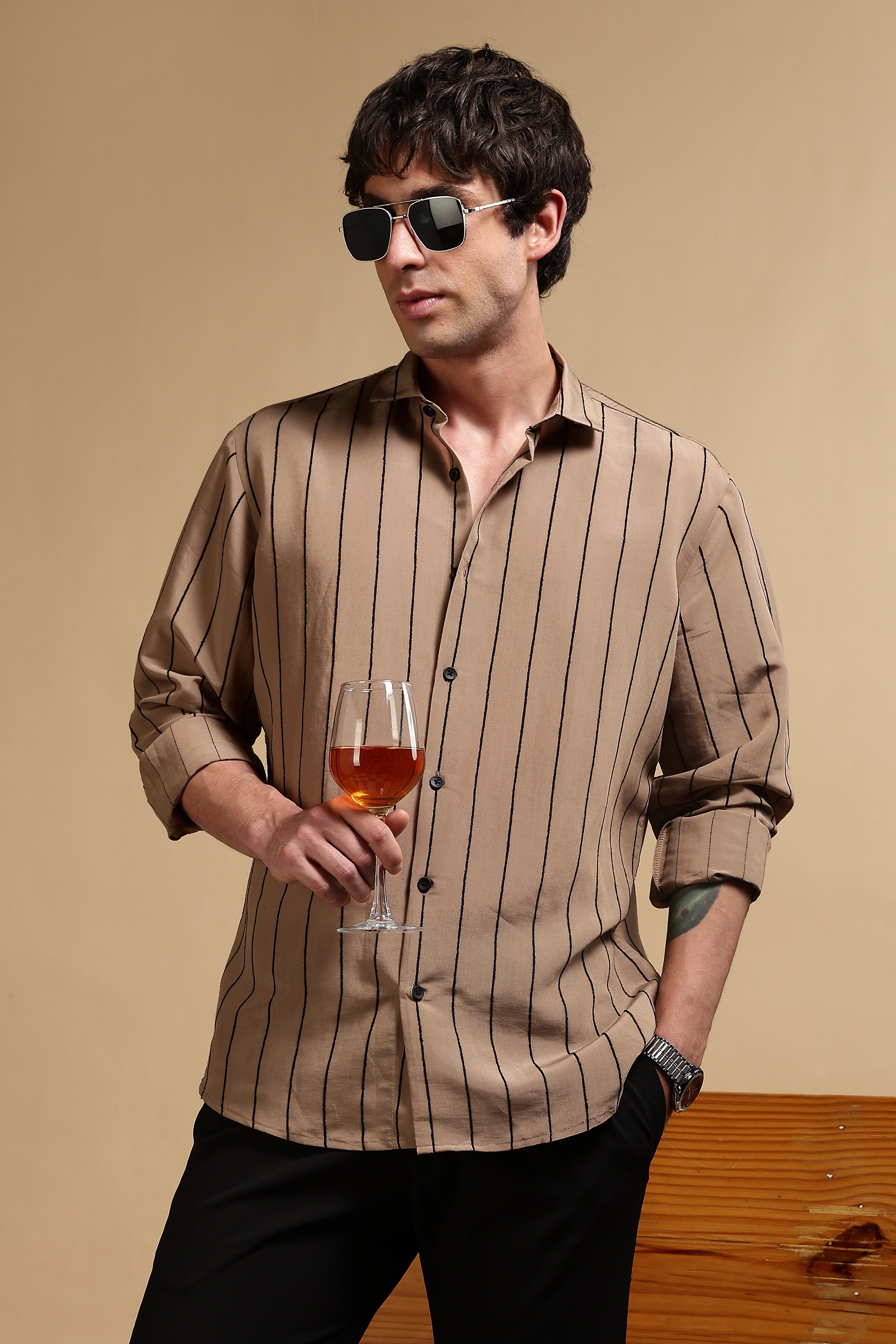 Men Khaki Nylon Slim Fit Striped Shirt