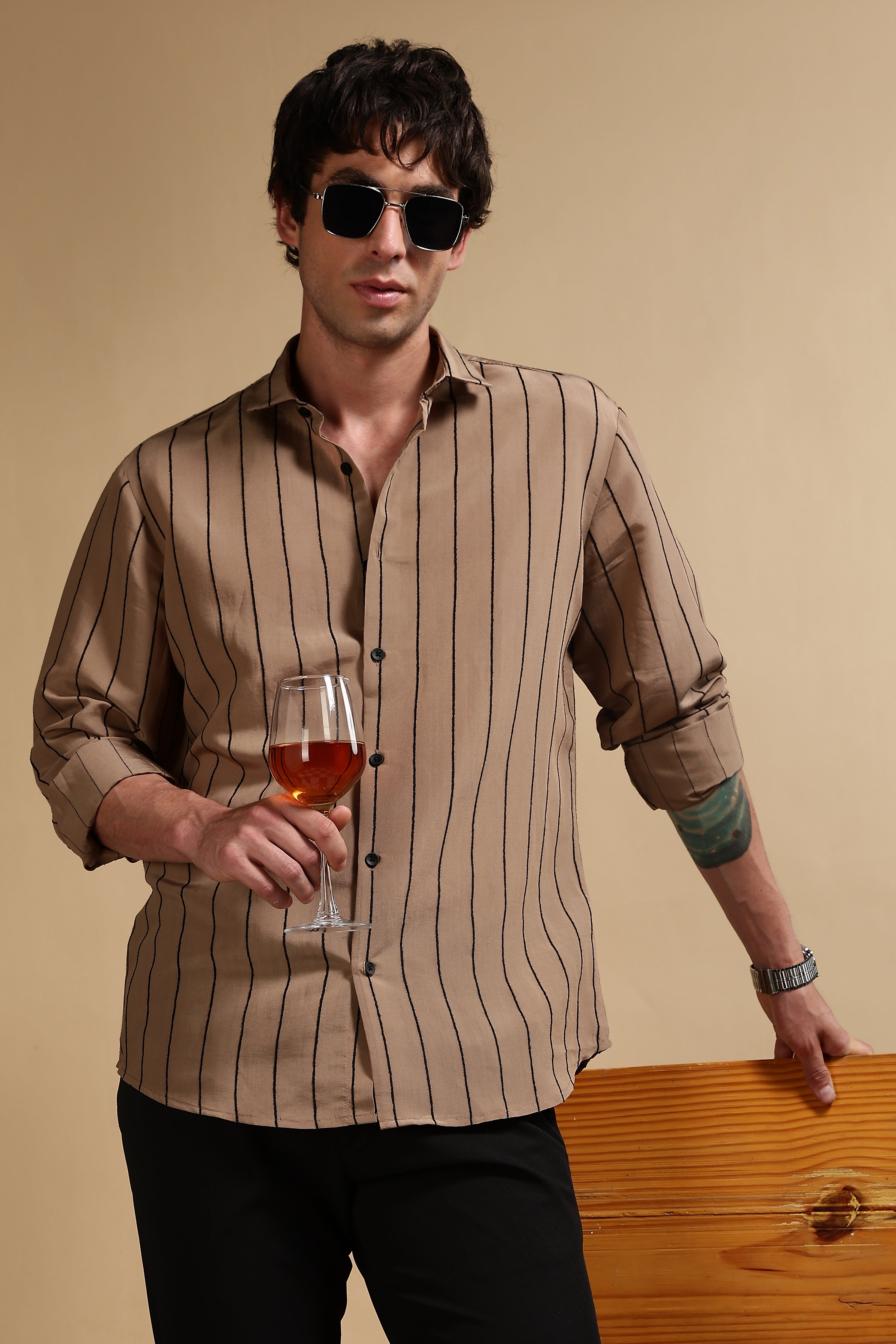 Men Khaki Nylon Slim Fit Striped Shirt