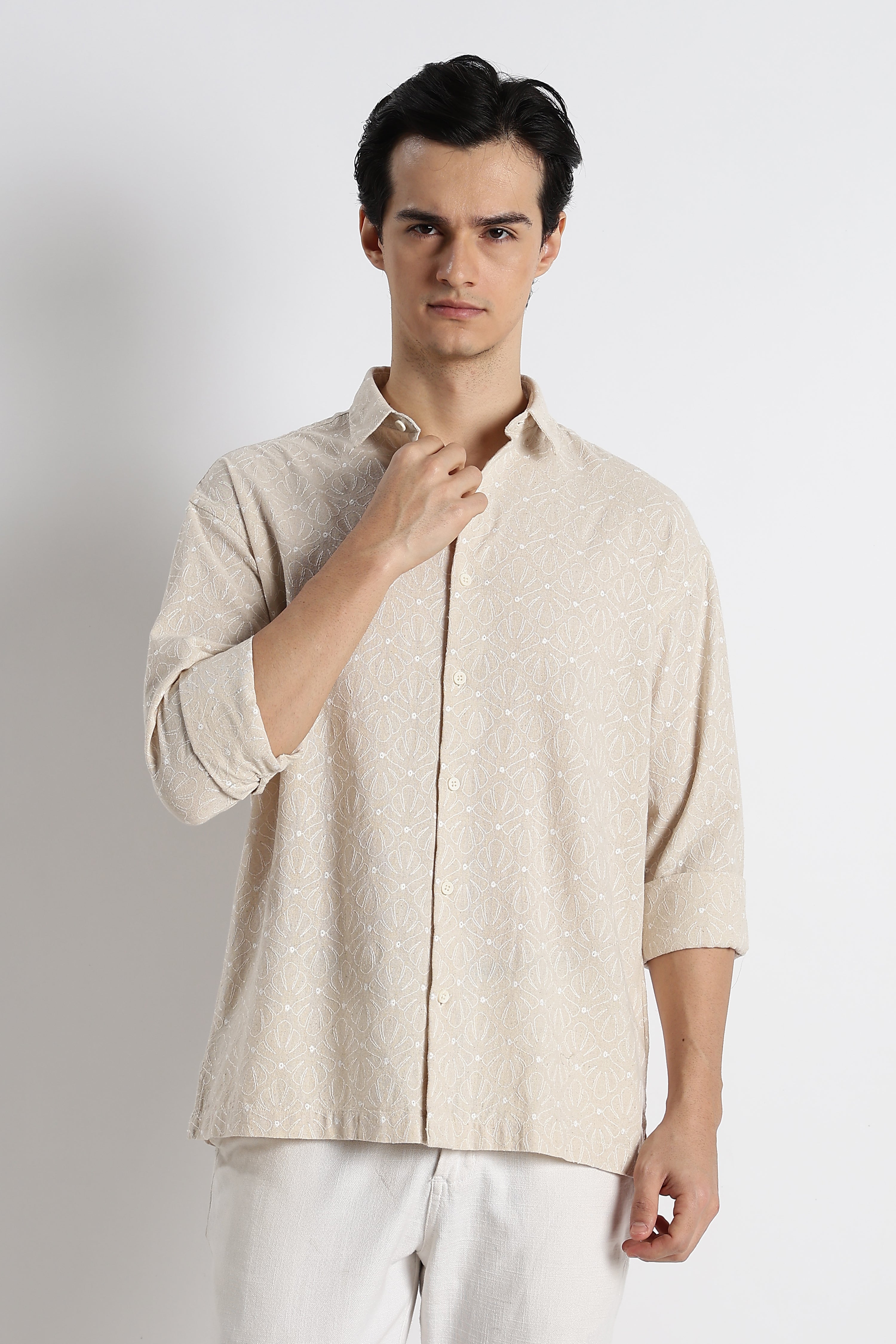 Men Natural Embroidered Cotton Shirt