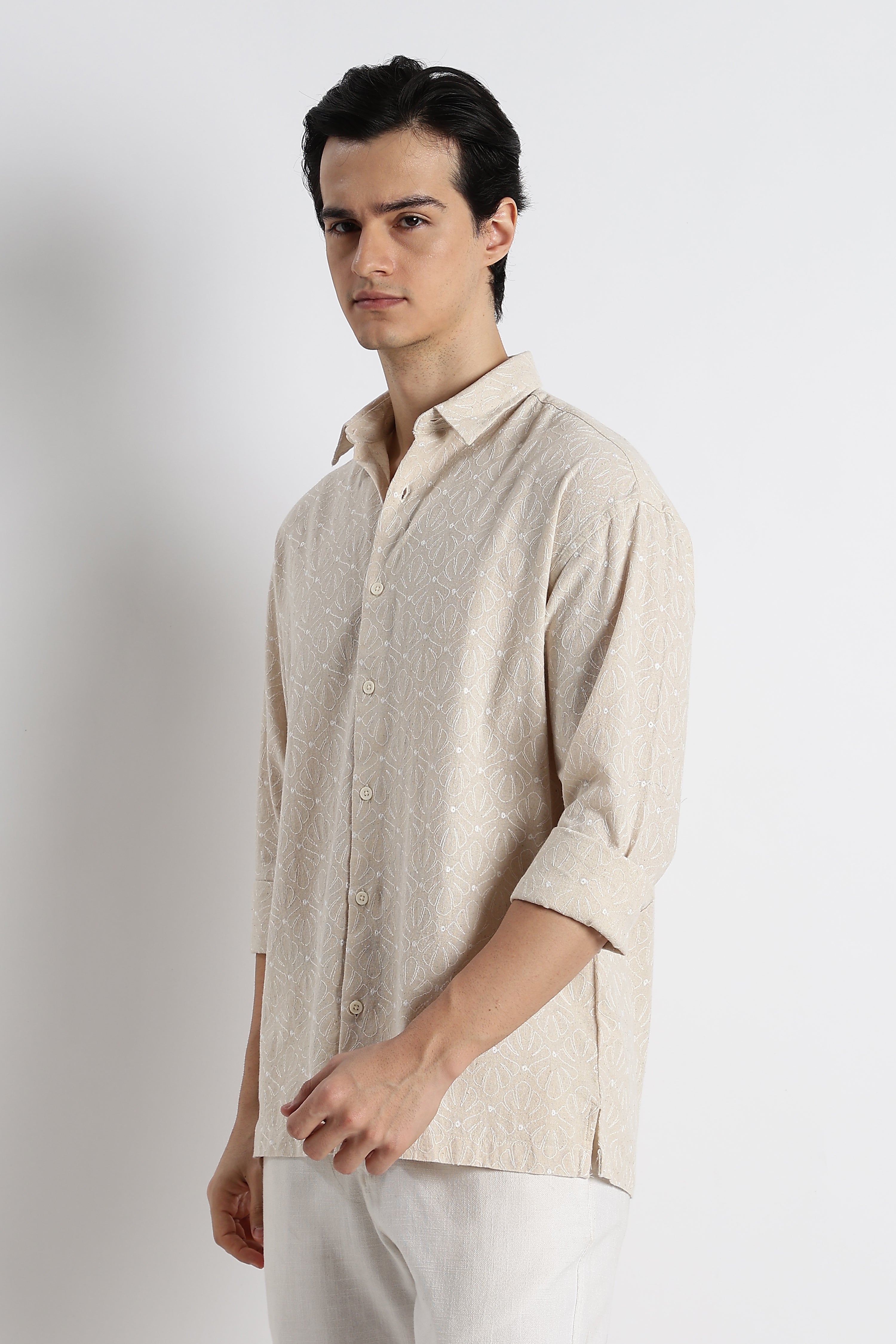 Men Natural Embroidered Cotton Shirt