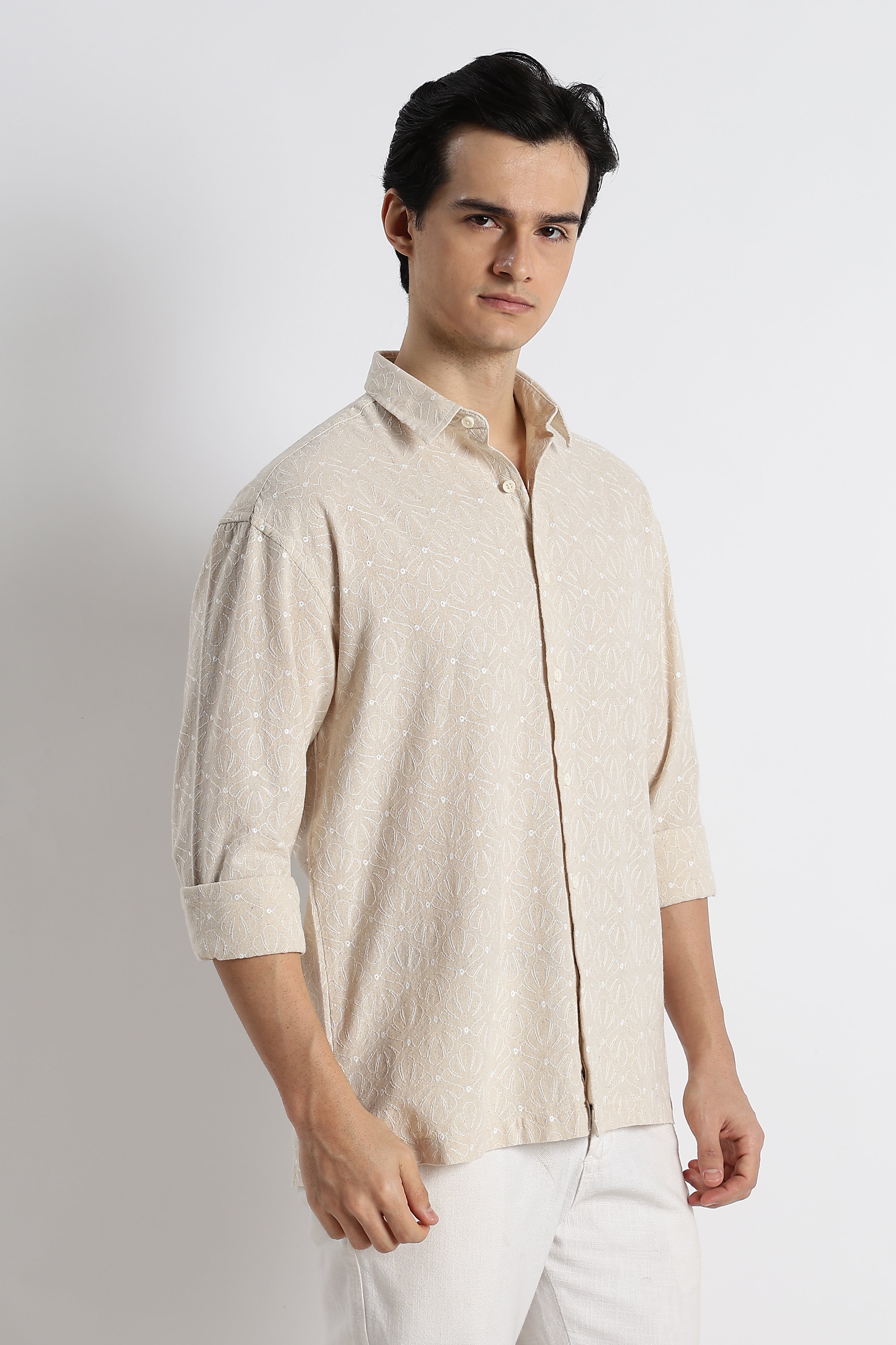 Men Natural Embroidered Cotton Shirt