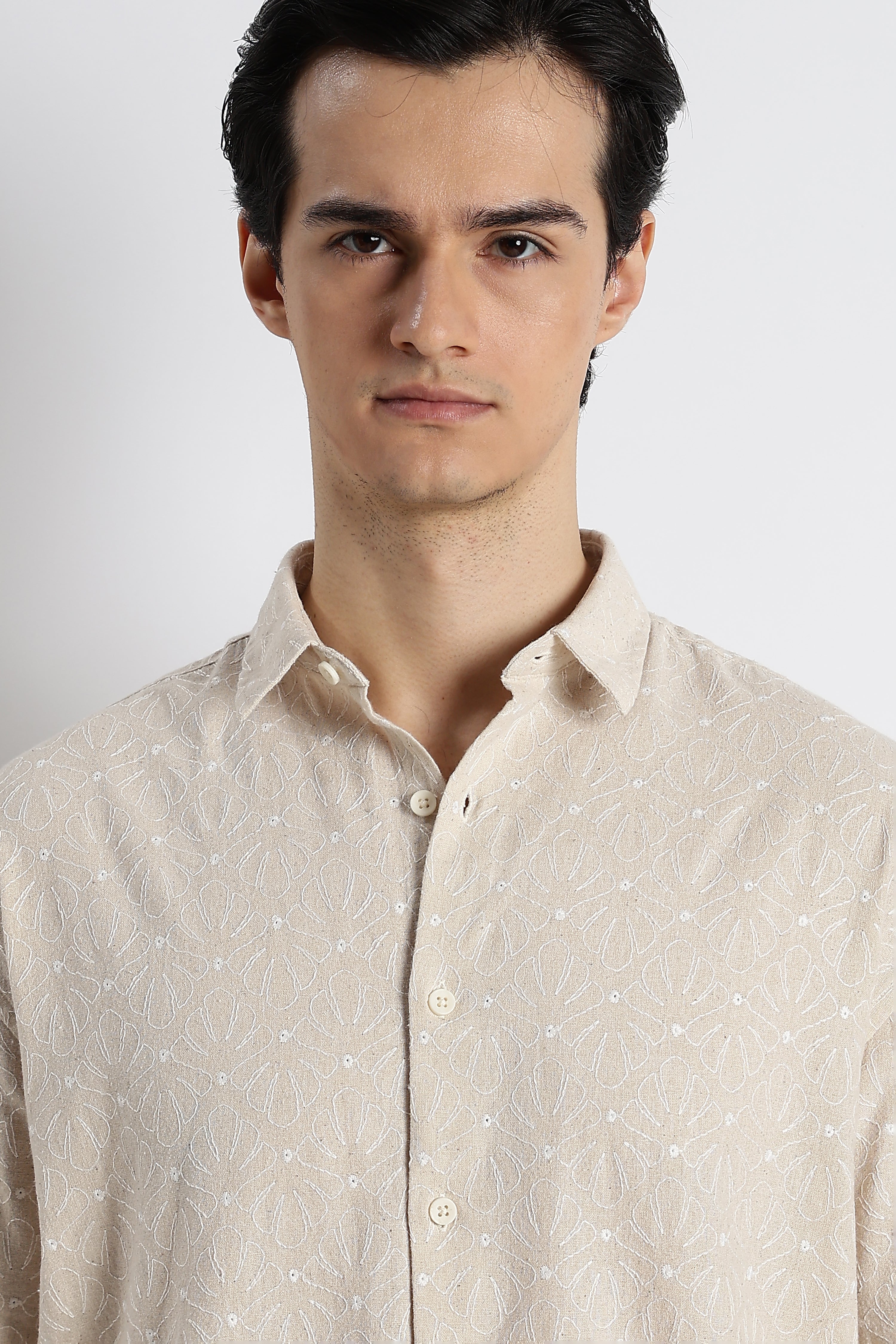 Men Natural Embroidered Cotton Shirt