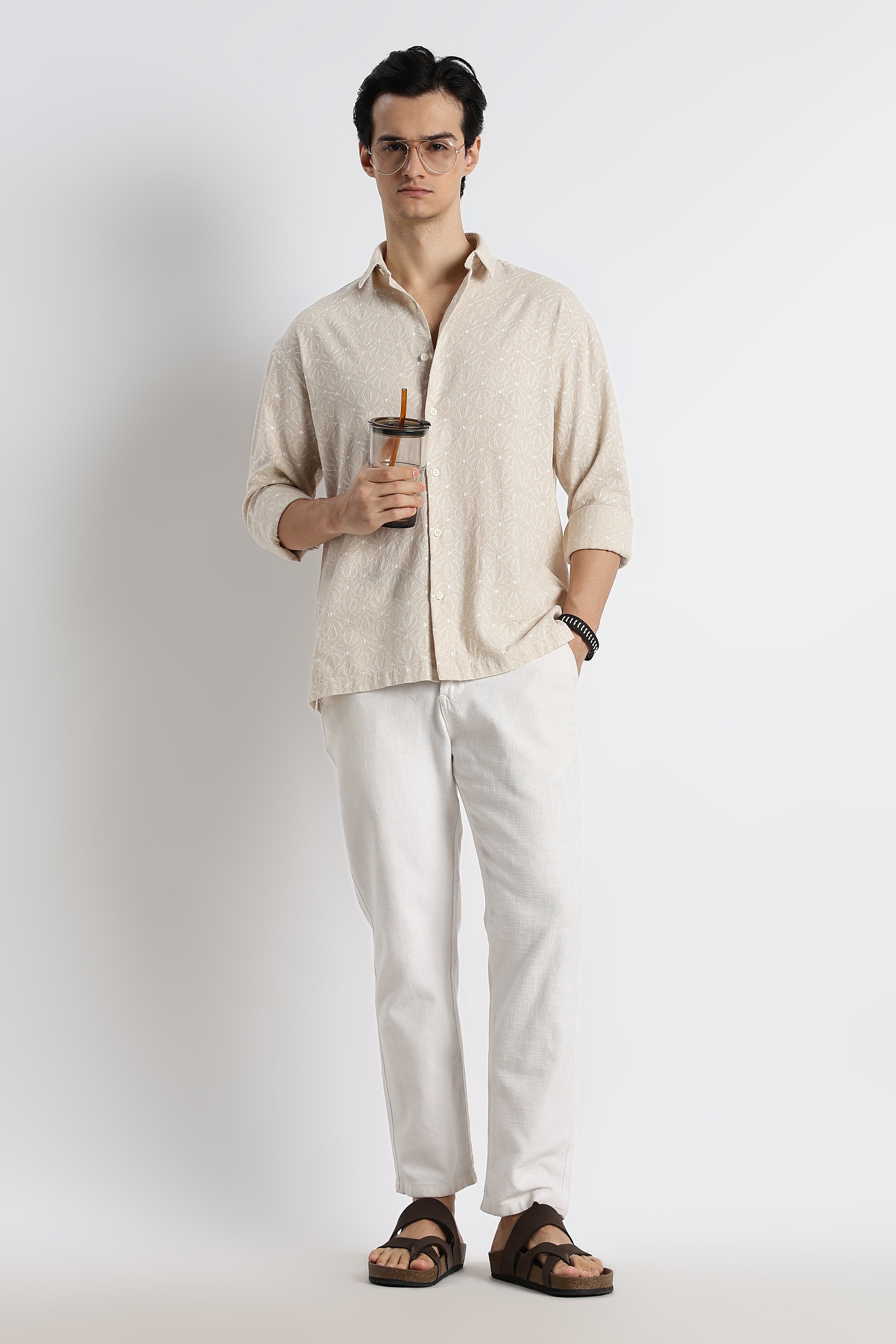 Men Natural Embroidered Cotton Shirt