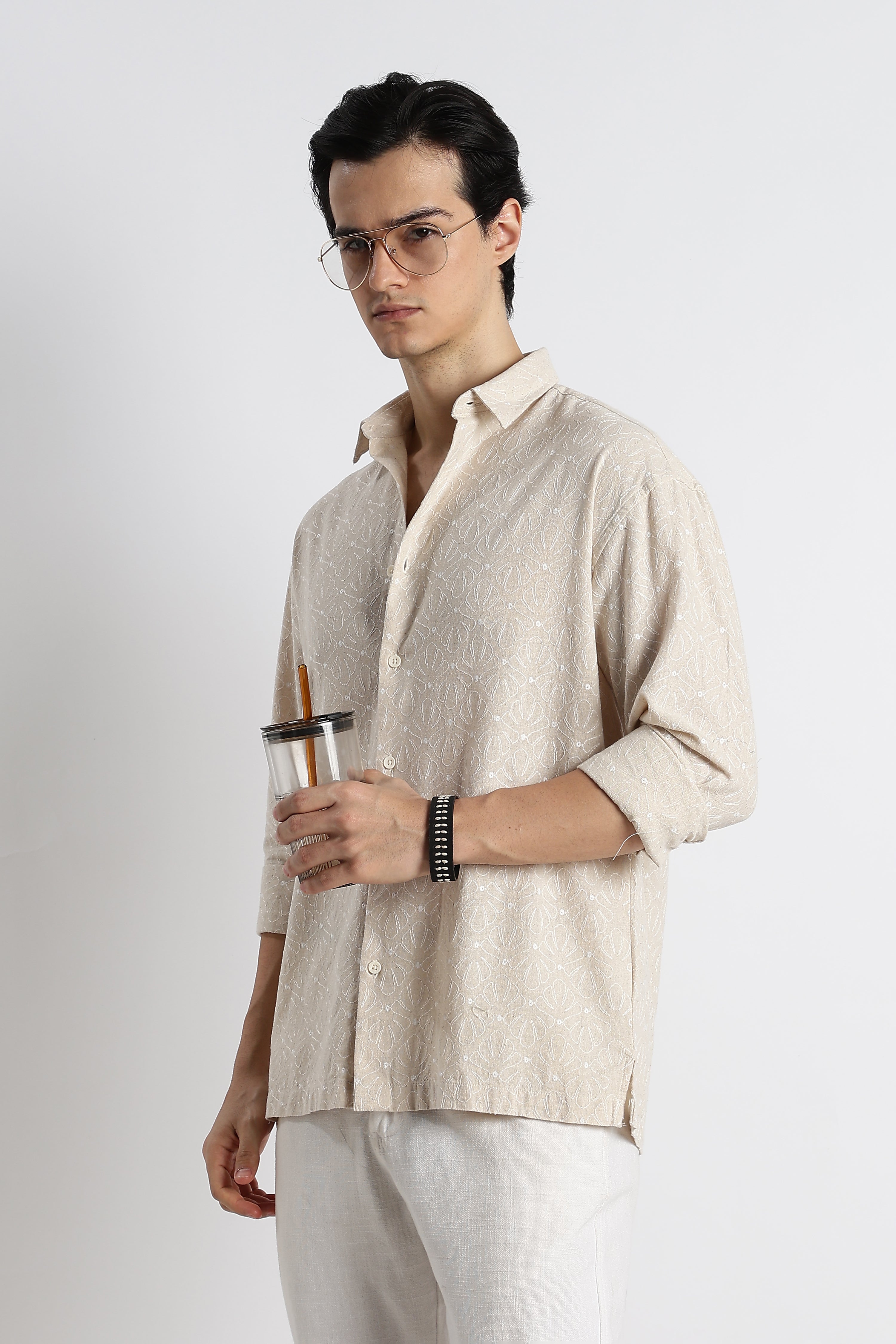 Men Natural Embroidered Cotton Shirt
