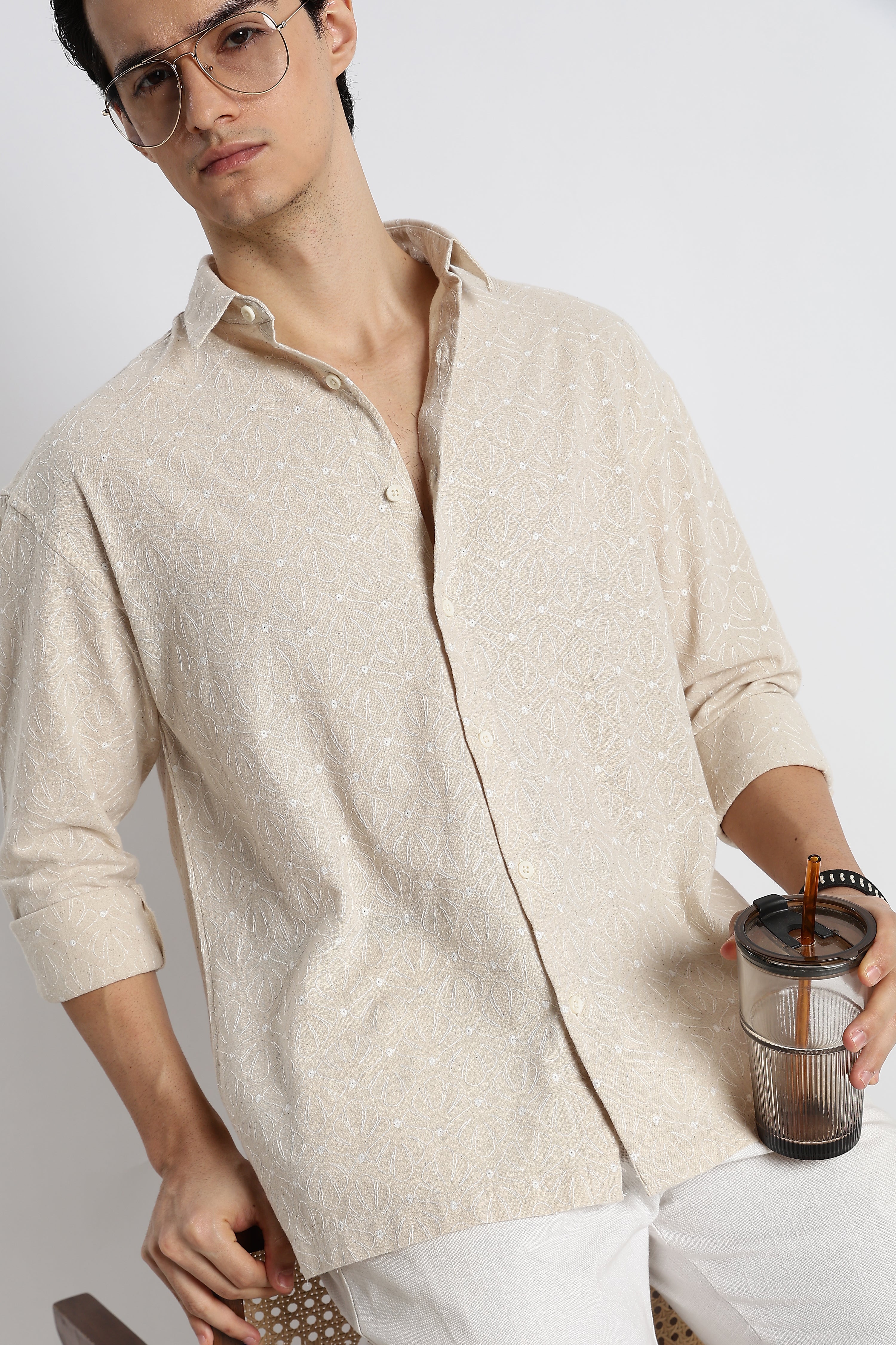 Men Natural Embroidered Cotton Shirt
