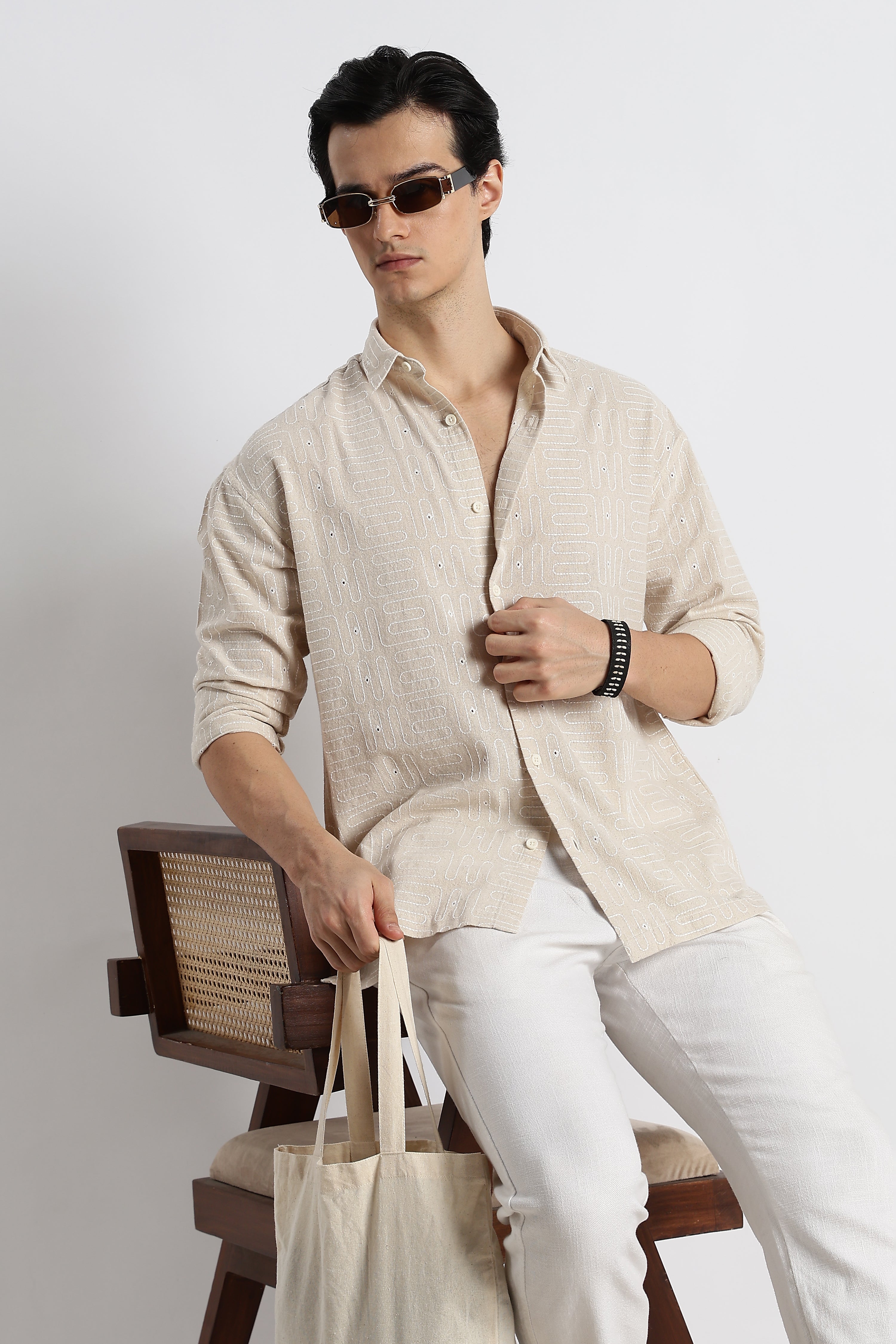 Men Natural Embroidered Cotton Shirt