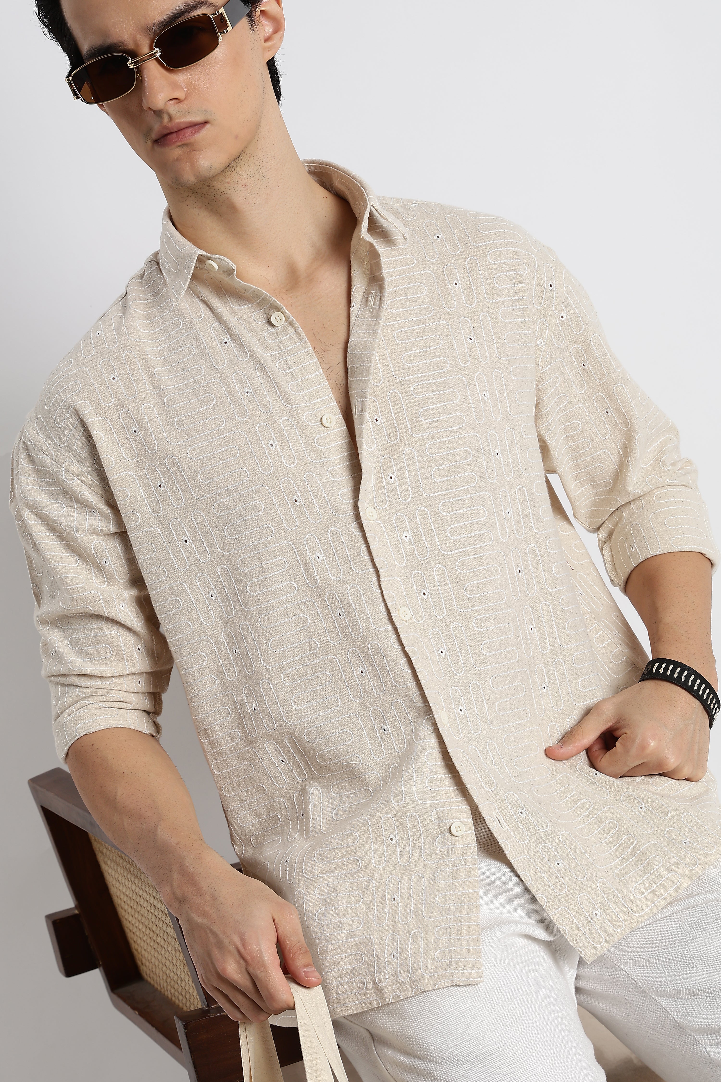 Men Natural Embroidered Cotton Shirt