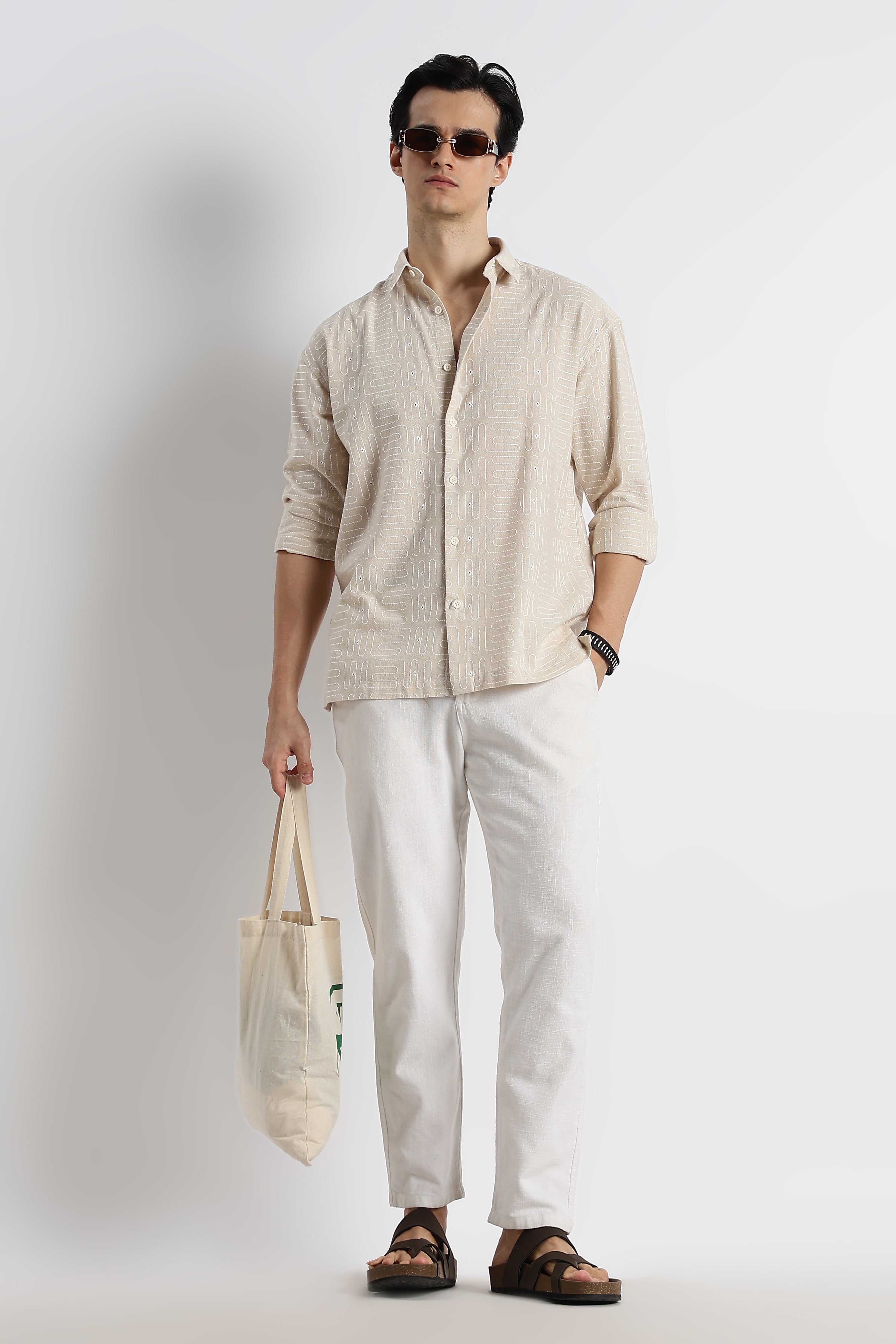 Men Natural Embroidered Cotton Shirt