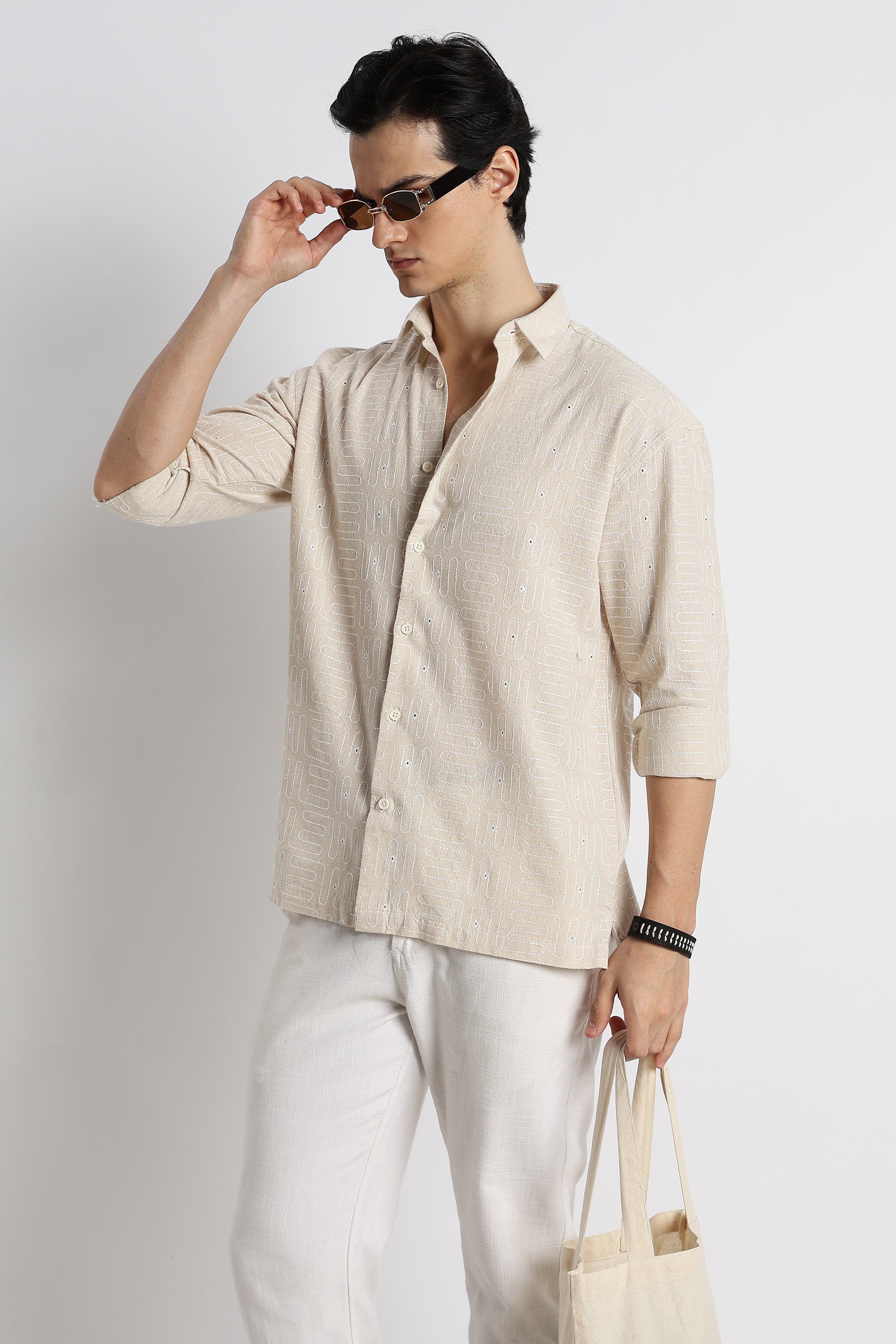 Men Natural Embroidered Cotton Shirt