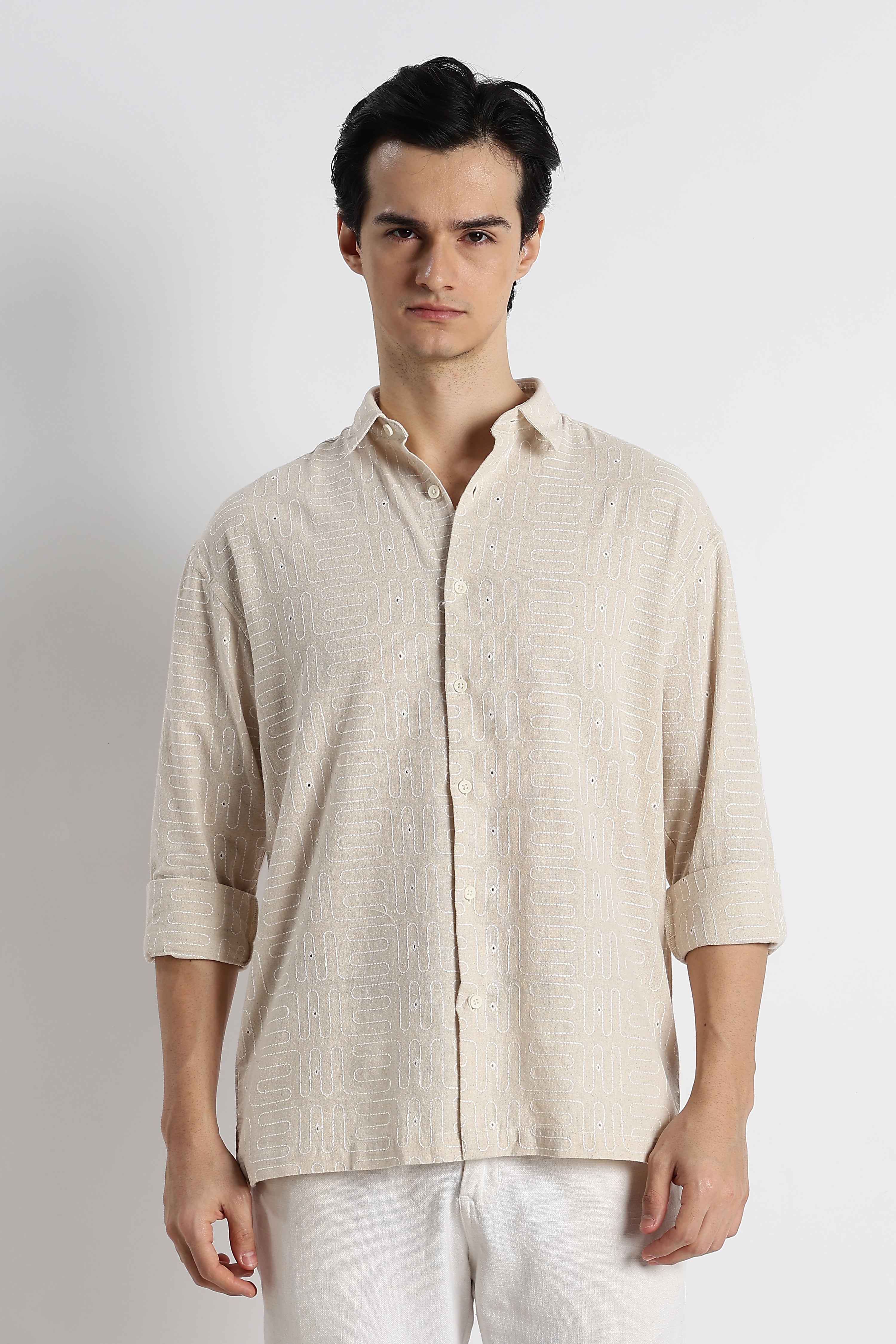 Men Natural Embroidered Cotton Shirt