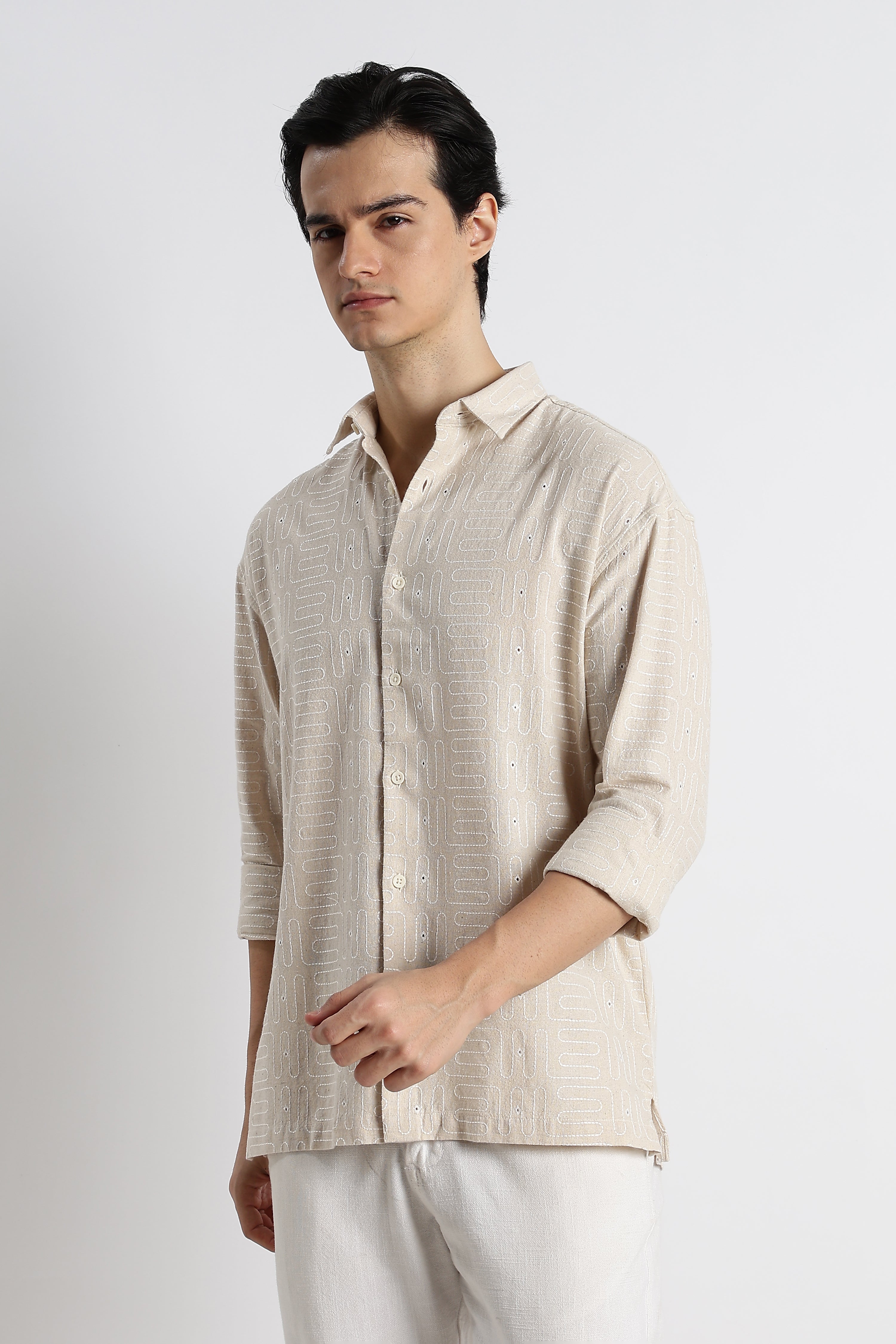 Men Natural Embroidered Cotton Shirt