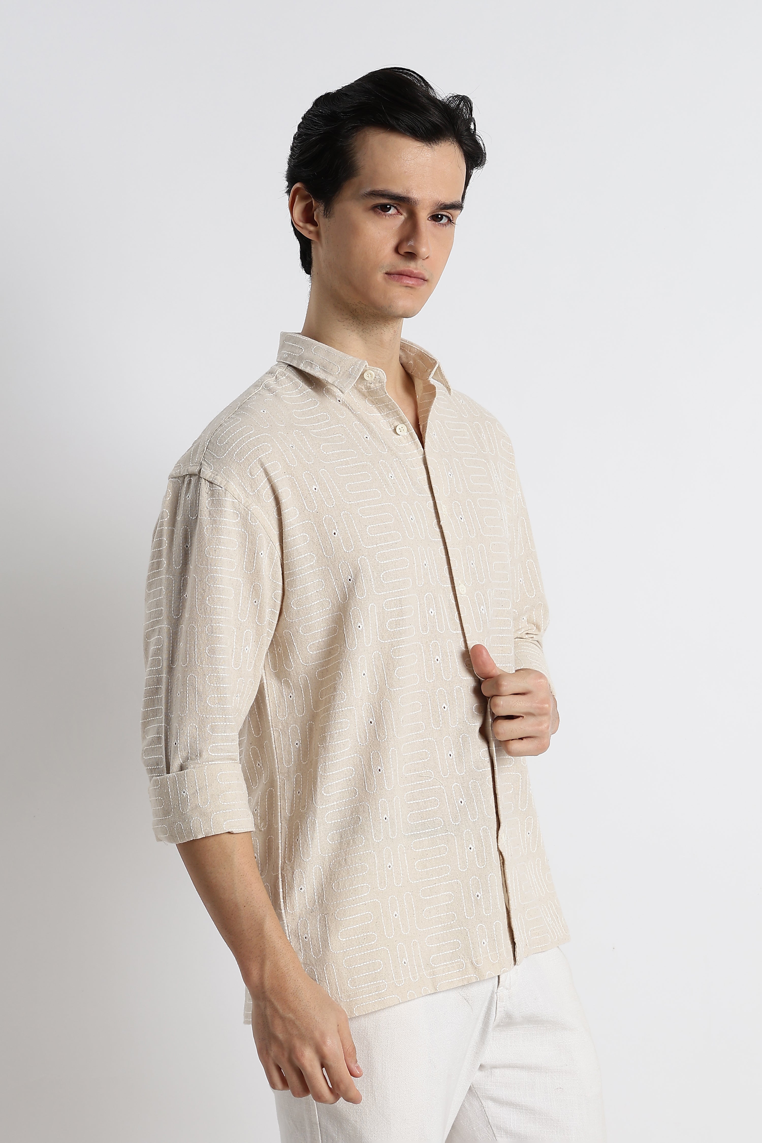 Men Natural Embroidered Cotton Shirt