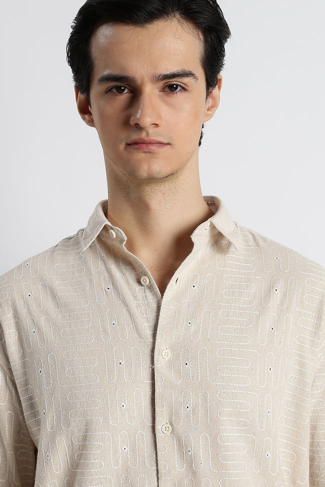 Men Natural Embroidered Cotton Shirt