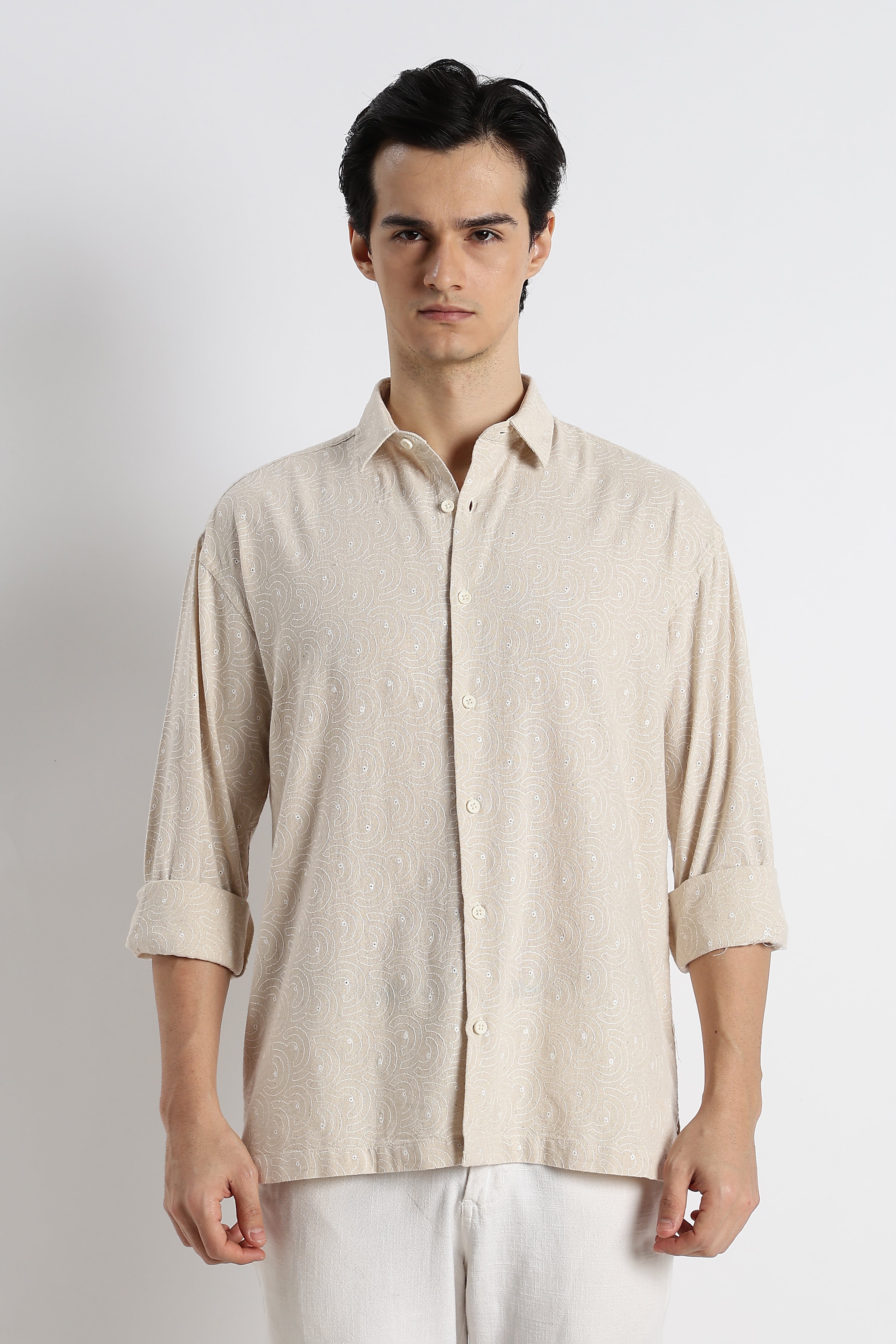 Men Natural Embroidered Cotton Shirt