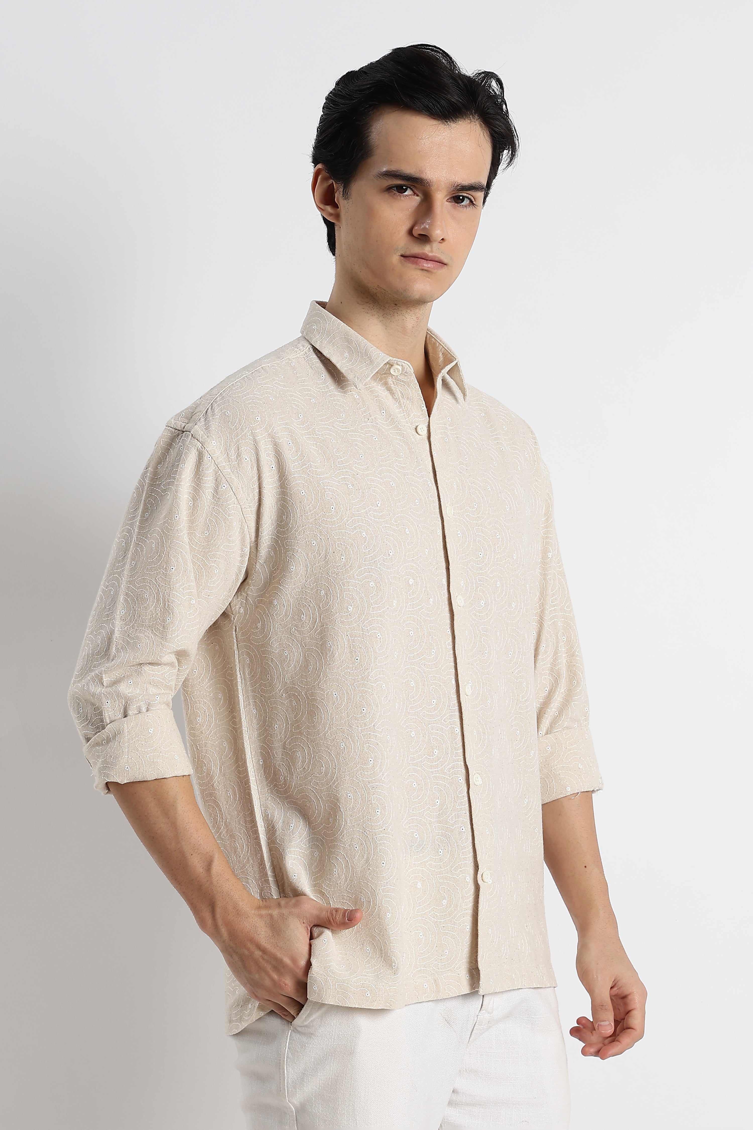 Men Natural Embroidered Cotton Shirt