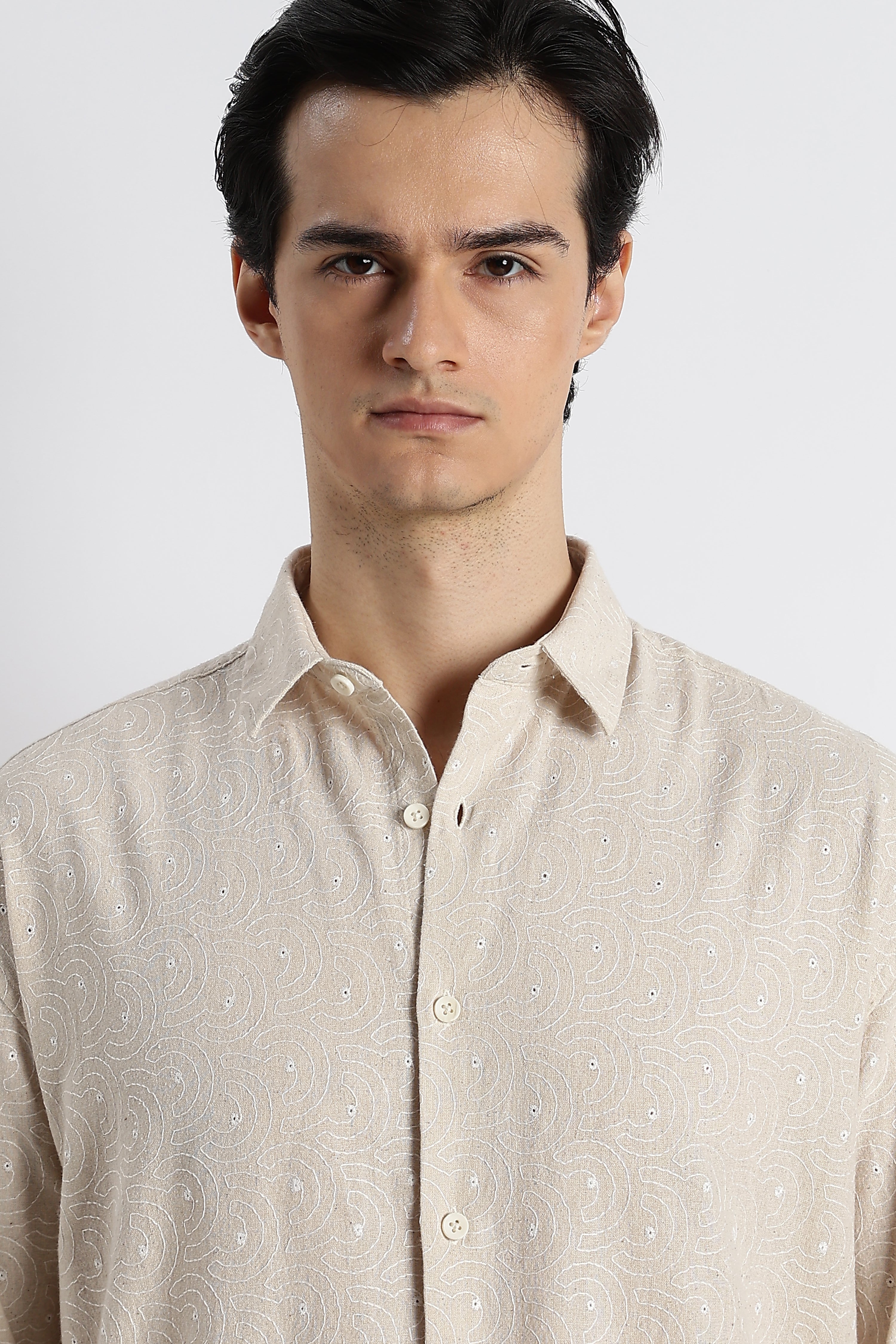 Men Natural Embroidered Cotton Shirt