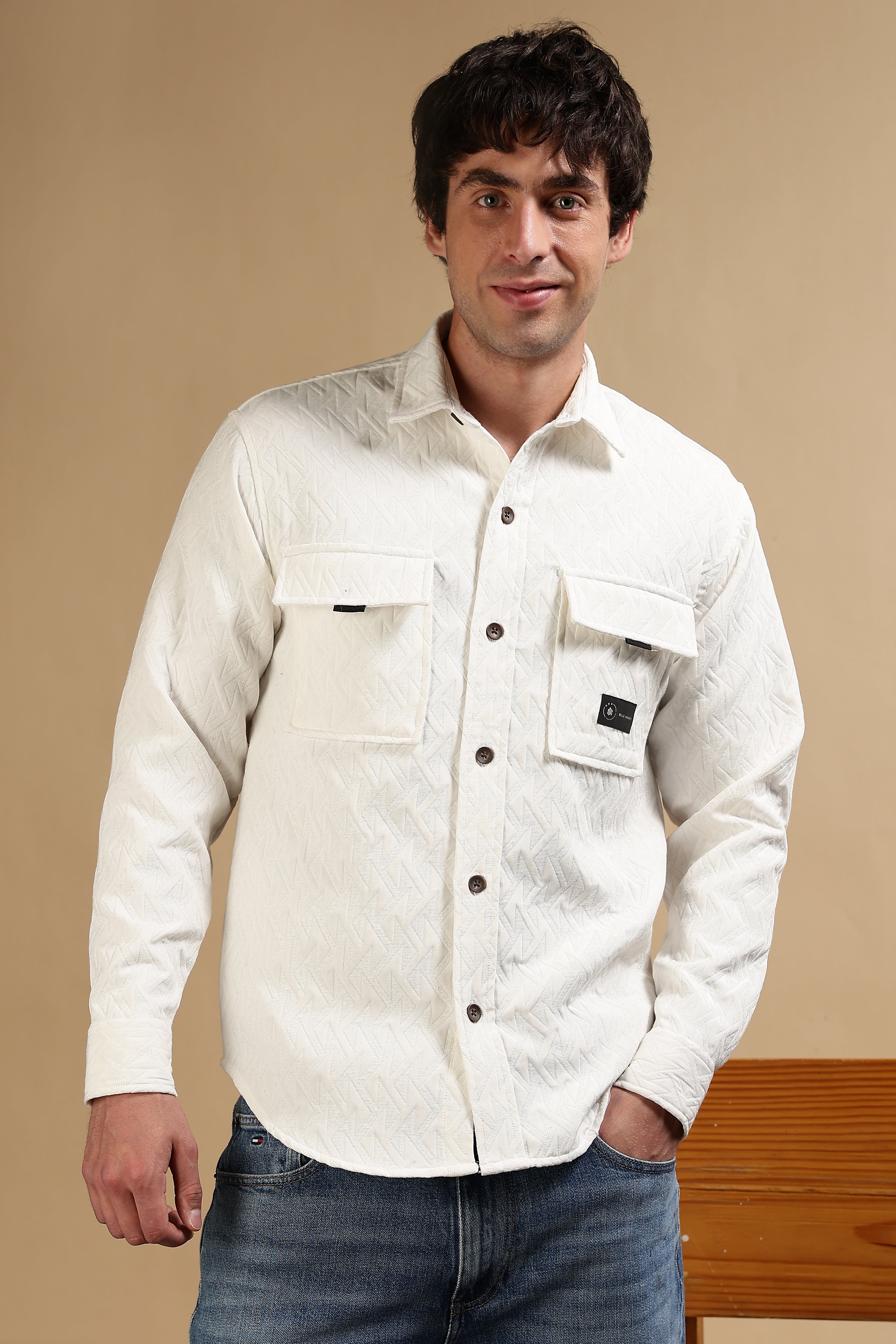 Men White Poly Cotton Shacket
