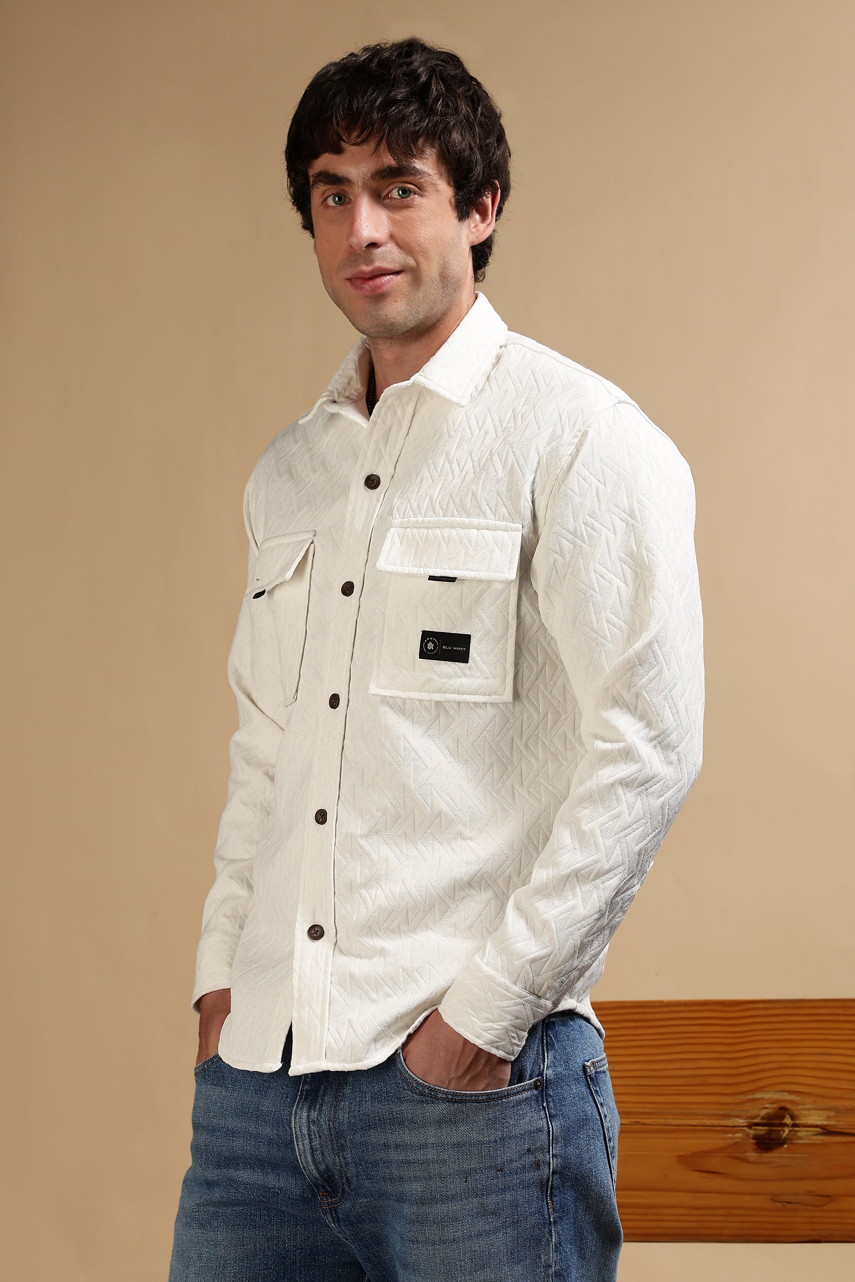 Men White Poly Cotton Shacket