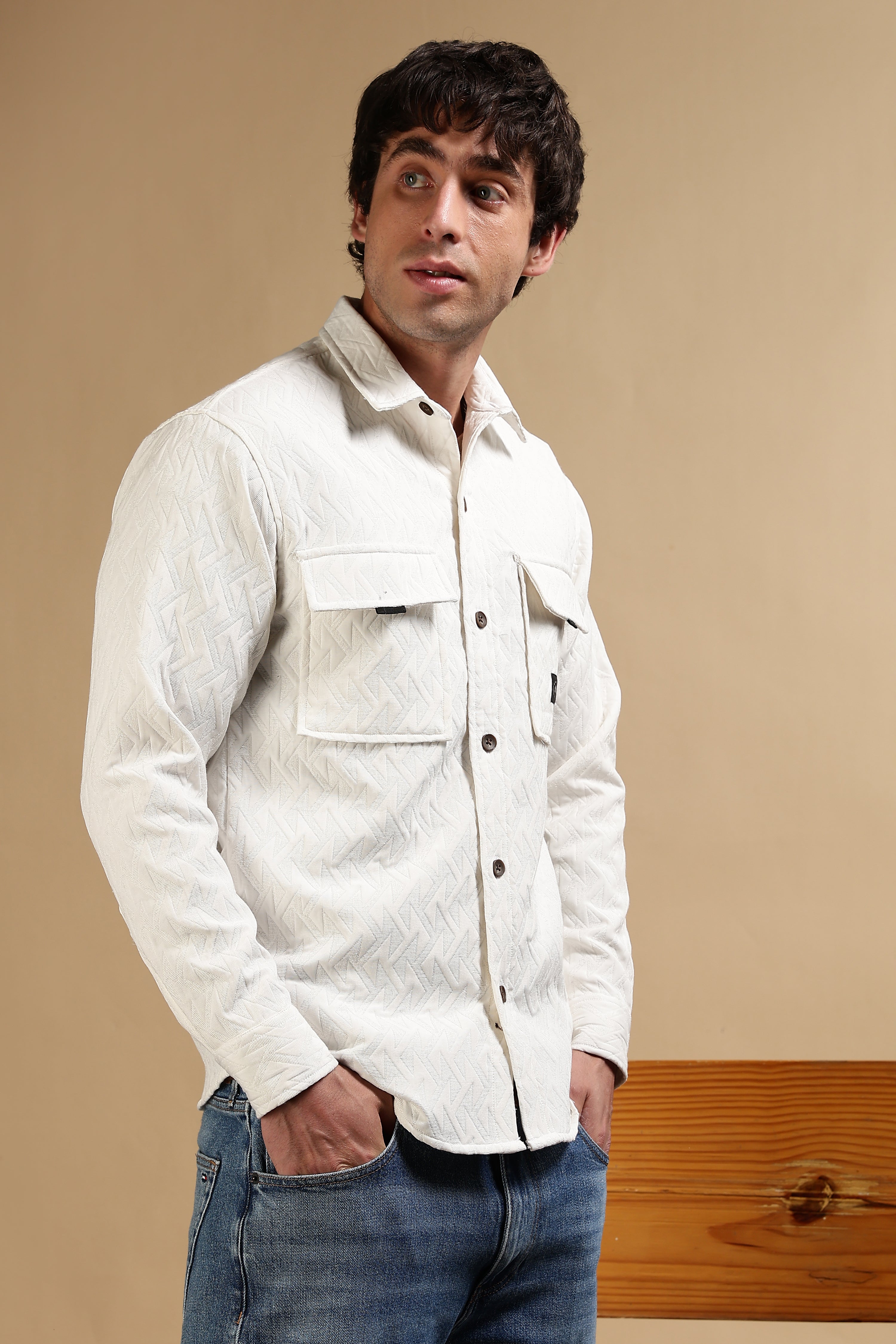 Men White Poly Cotton Shacket