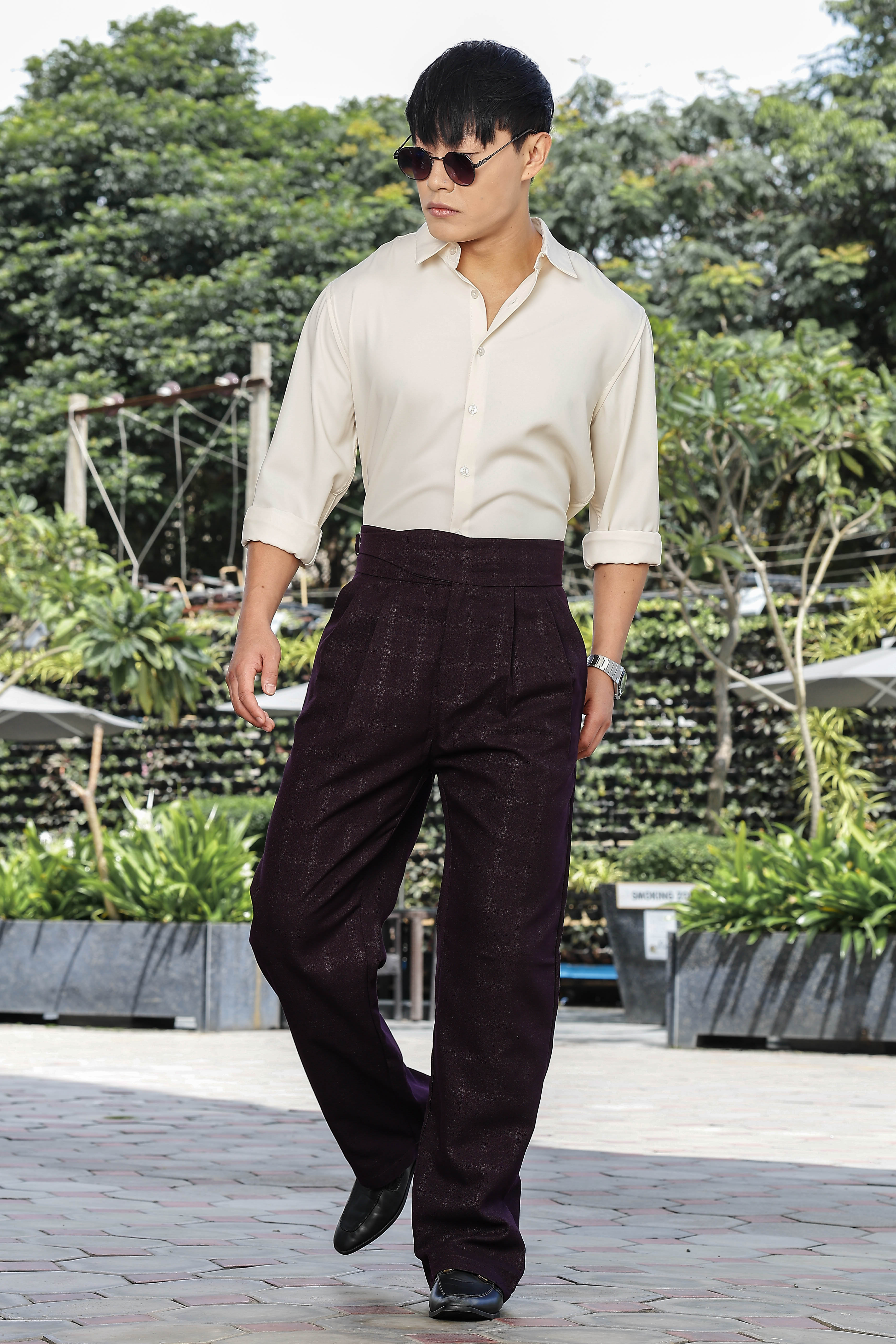 Men Wine Pleated Gurkha Trousers