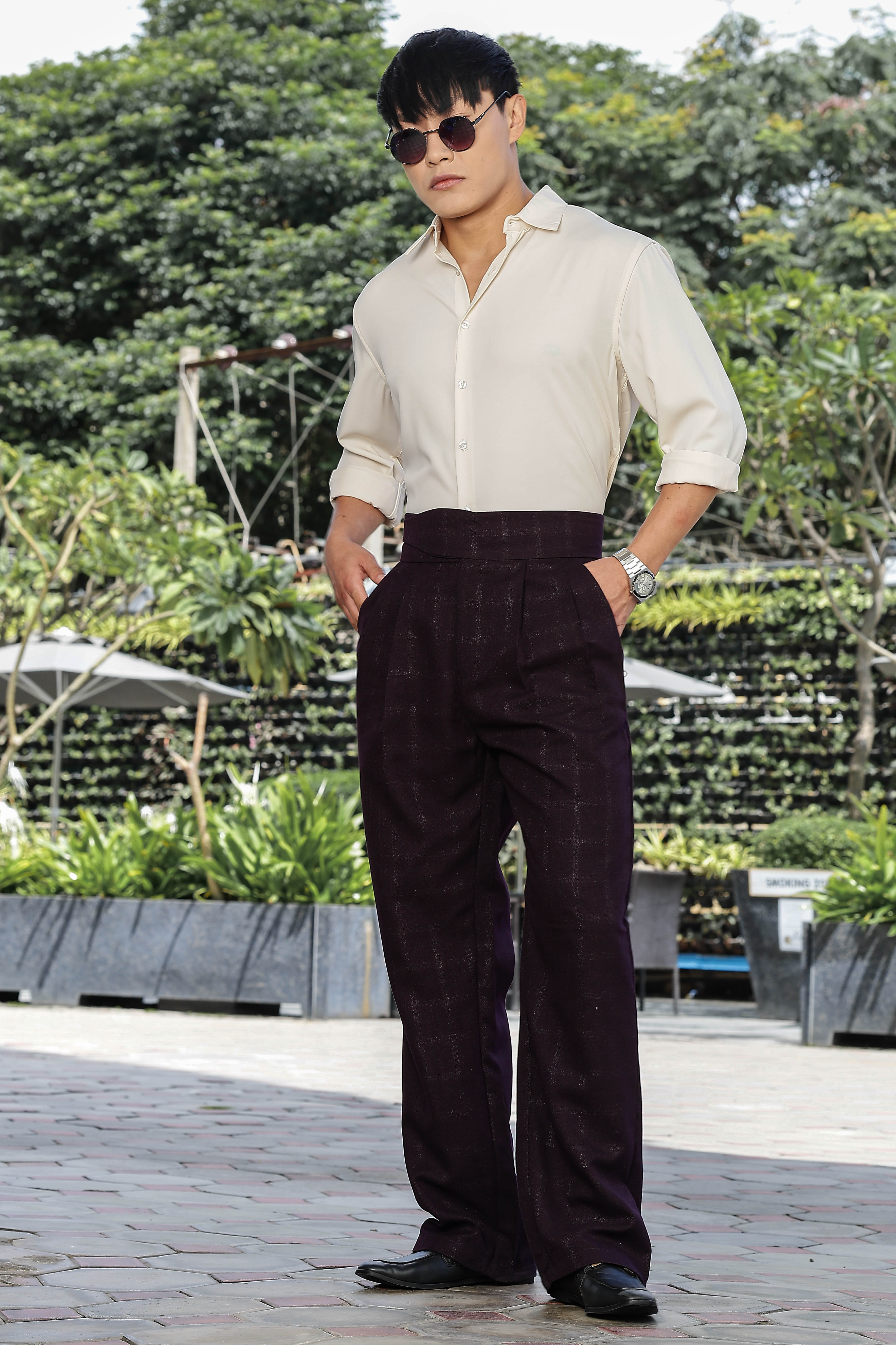 Men Wine Pleated Gurkha Trousers