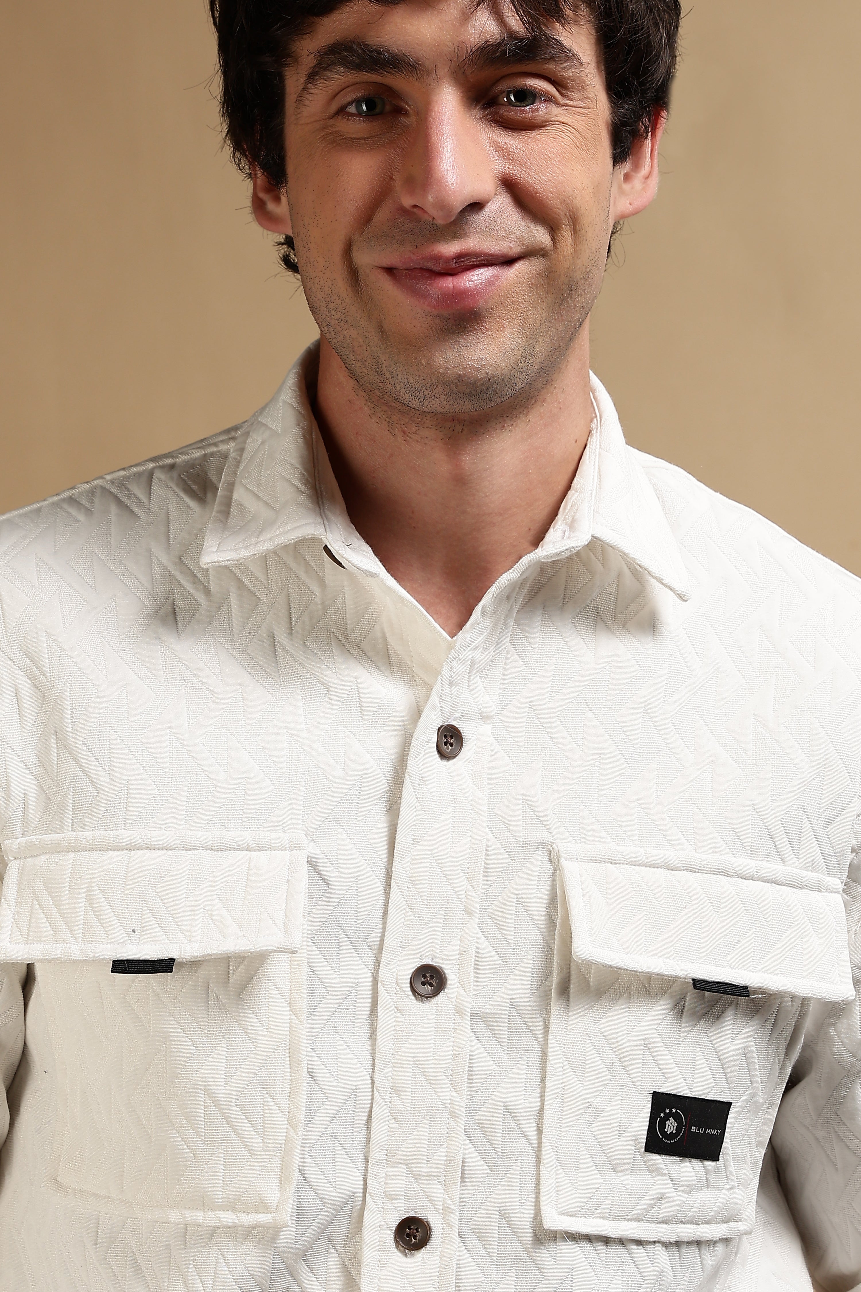 Men White Poly Cotton Shacket