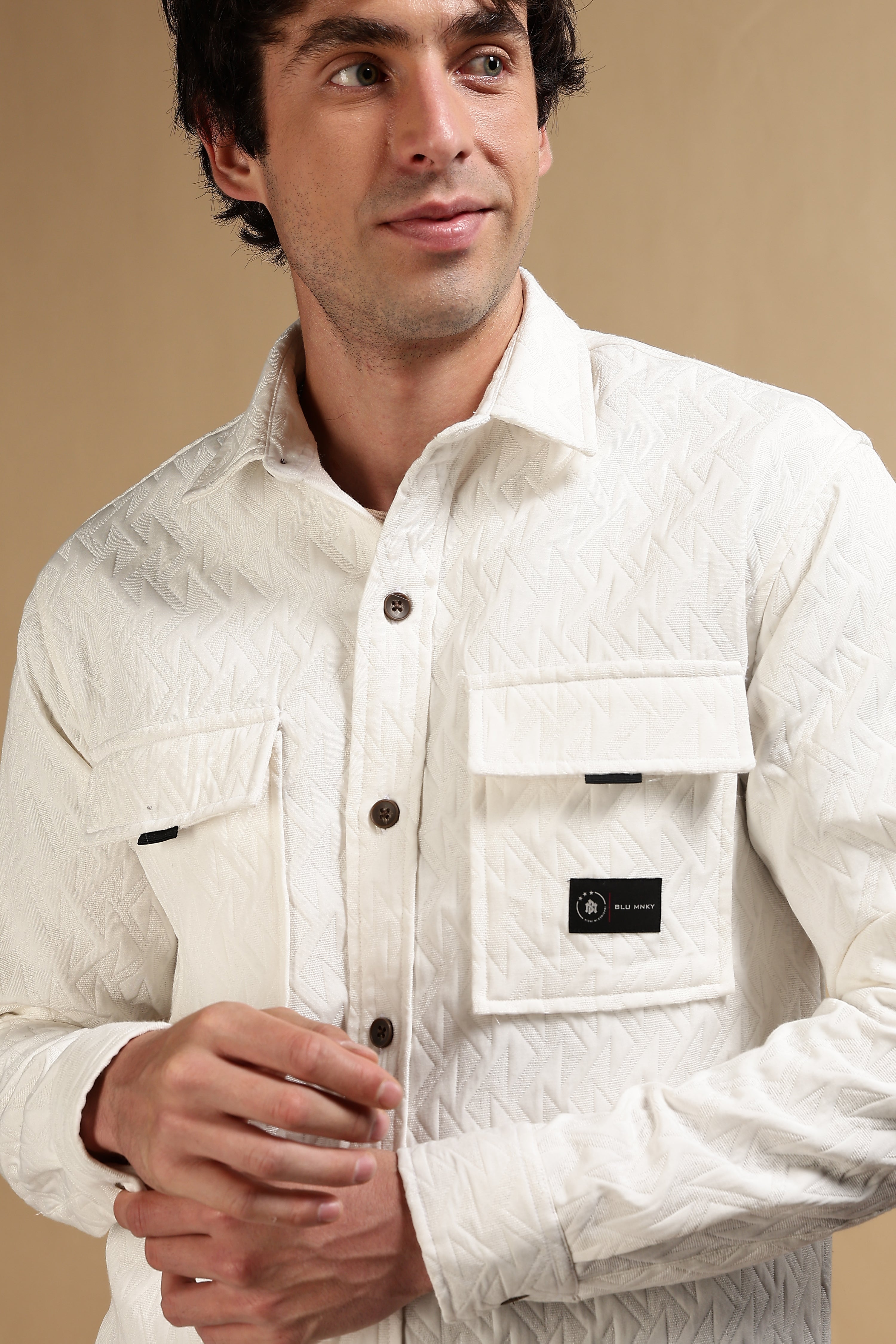 Men White Poly Cotton Shacket