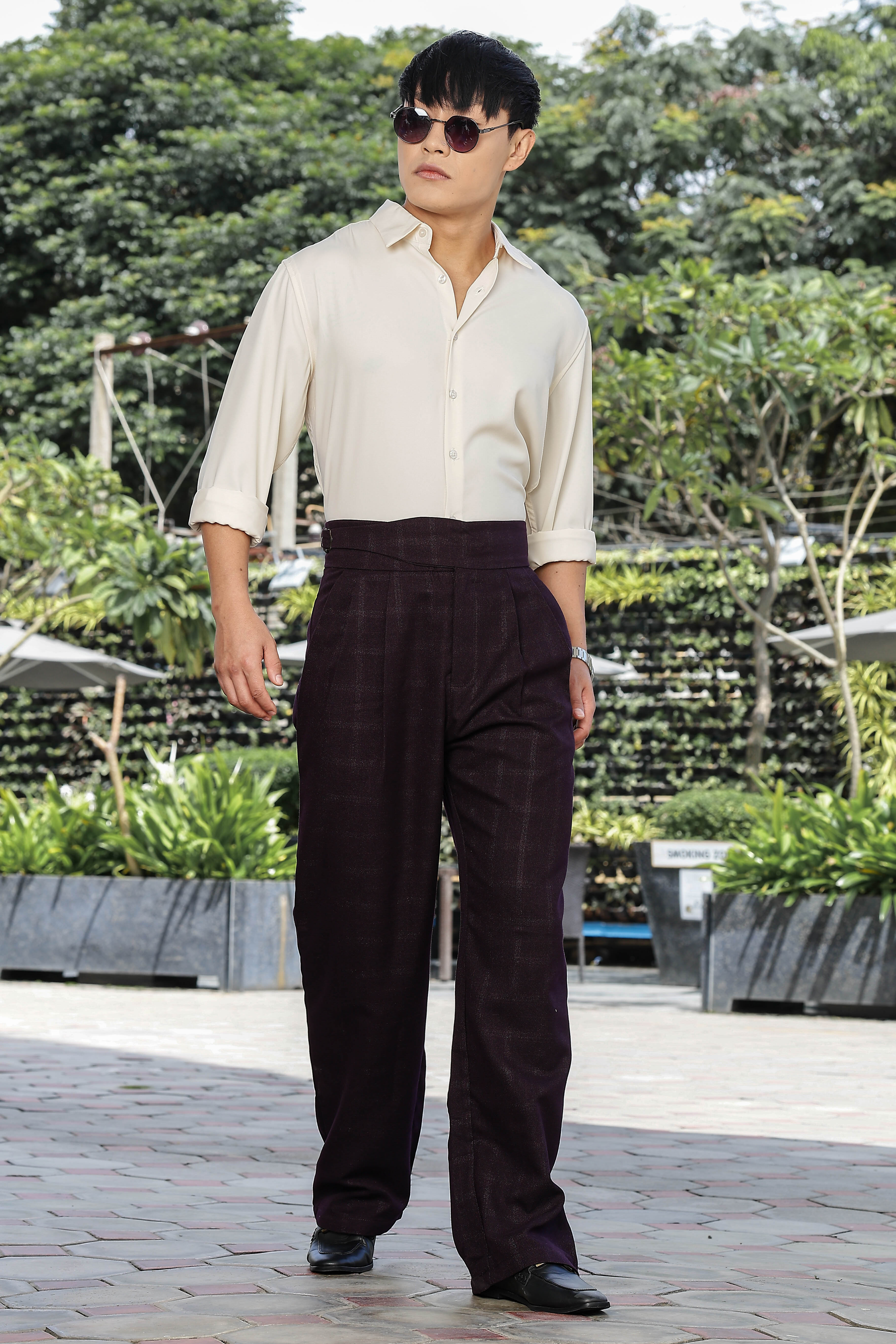 Men Wine Pleated Gurkha Trousers