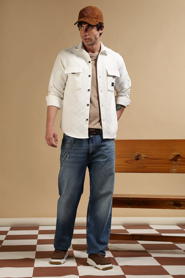 Men White Poly Cotton Shacket