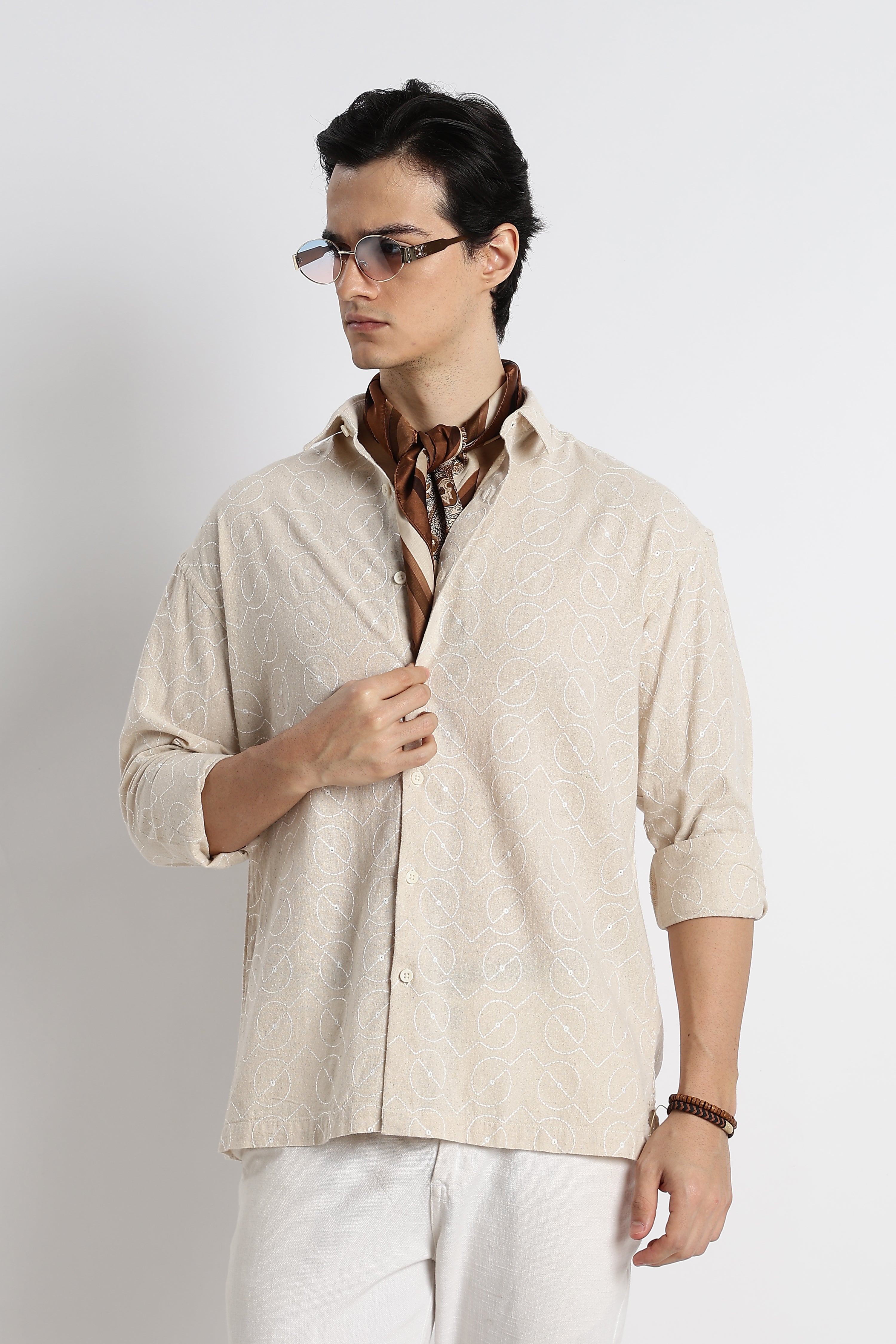Men Natural Embroidered Cotton Shirt