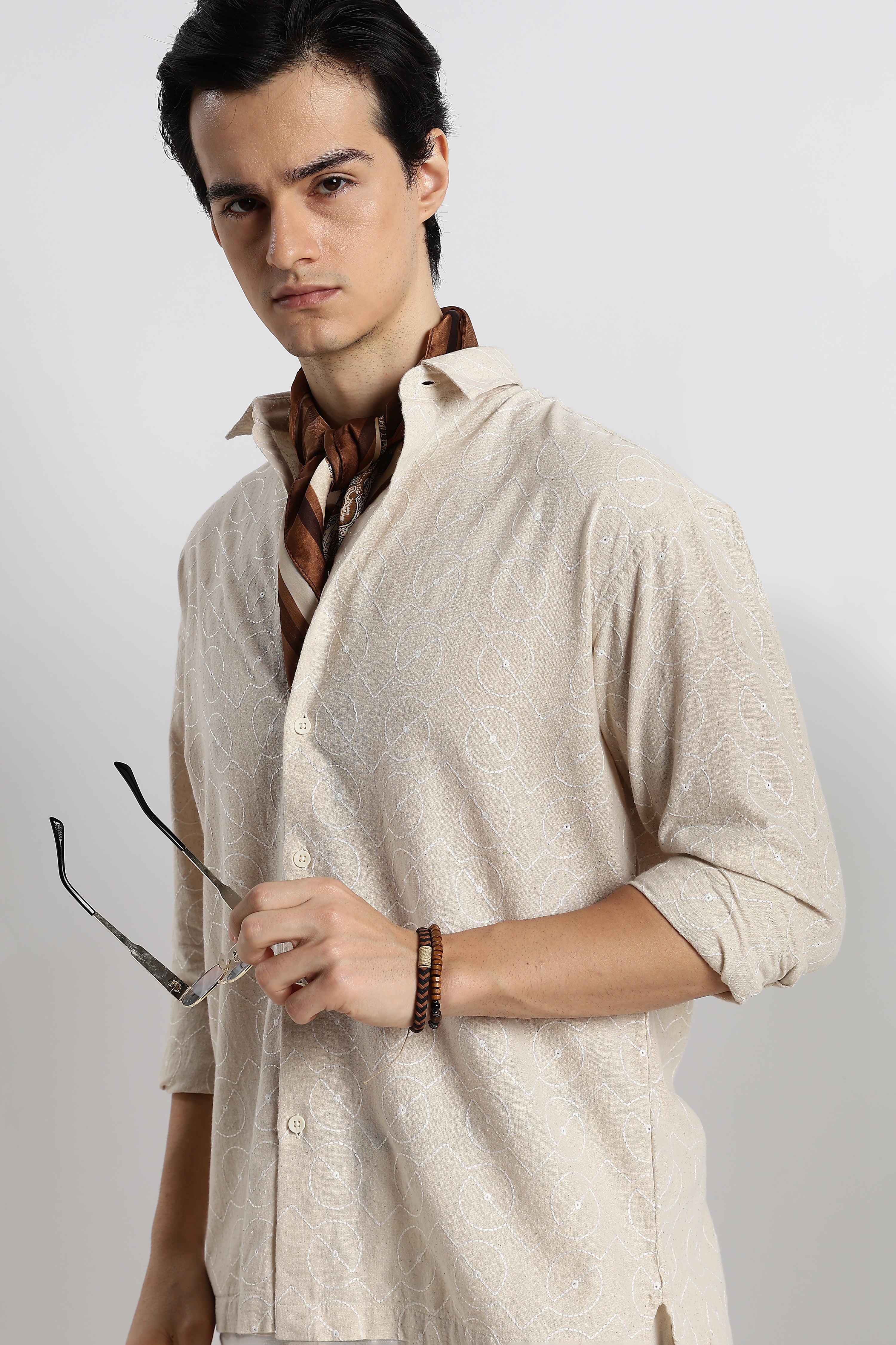 Men Natural Embroidered Cotton Shirt