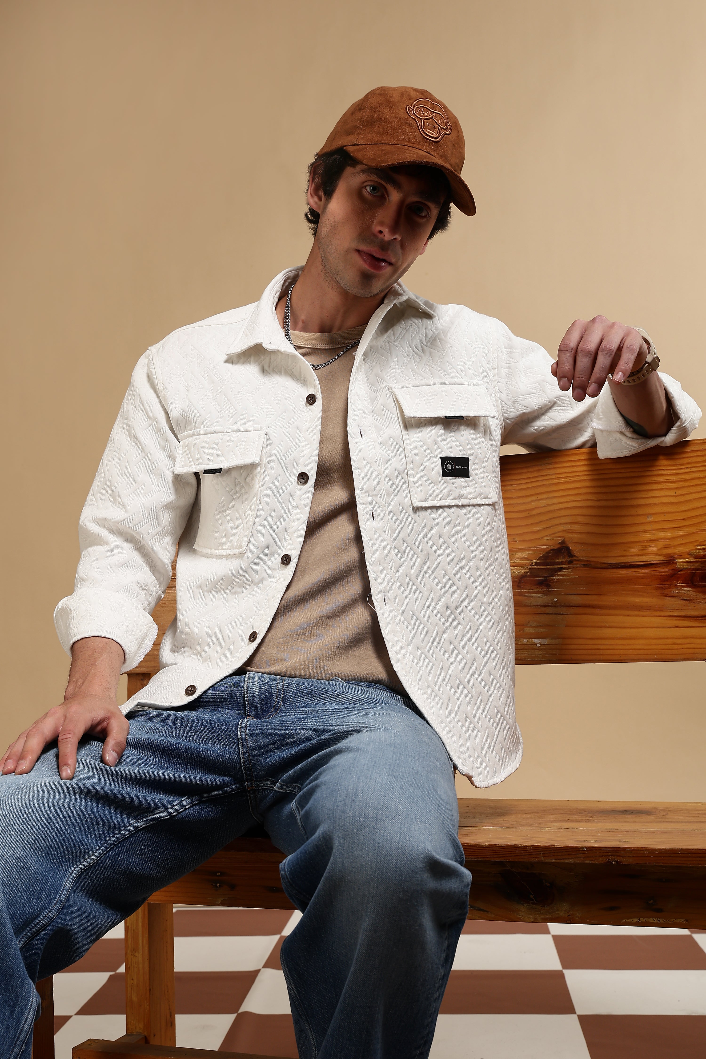 Men White Poly Cotton Shacket