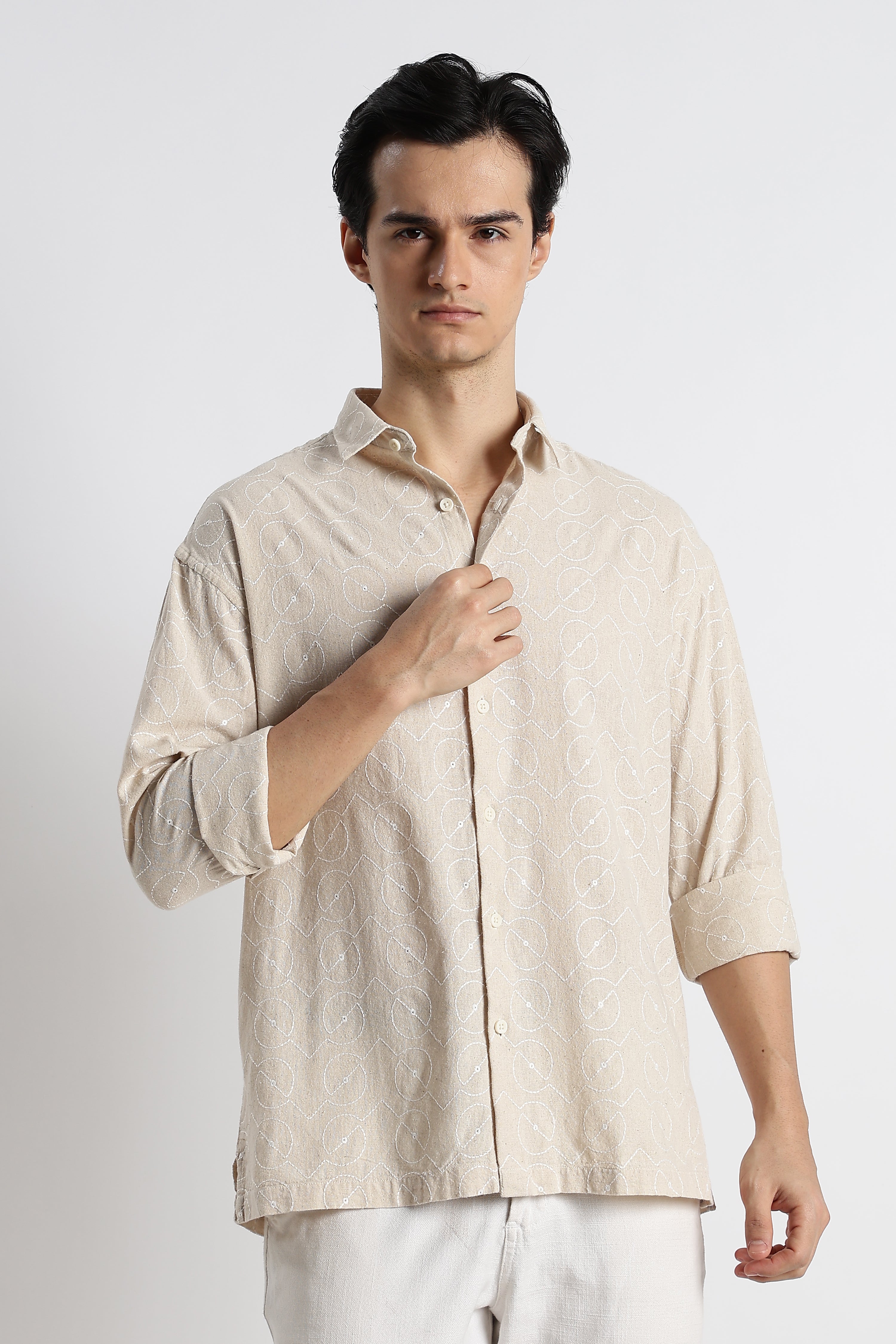 Men Natural Embroidered Cotton Shirt