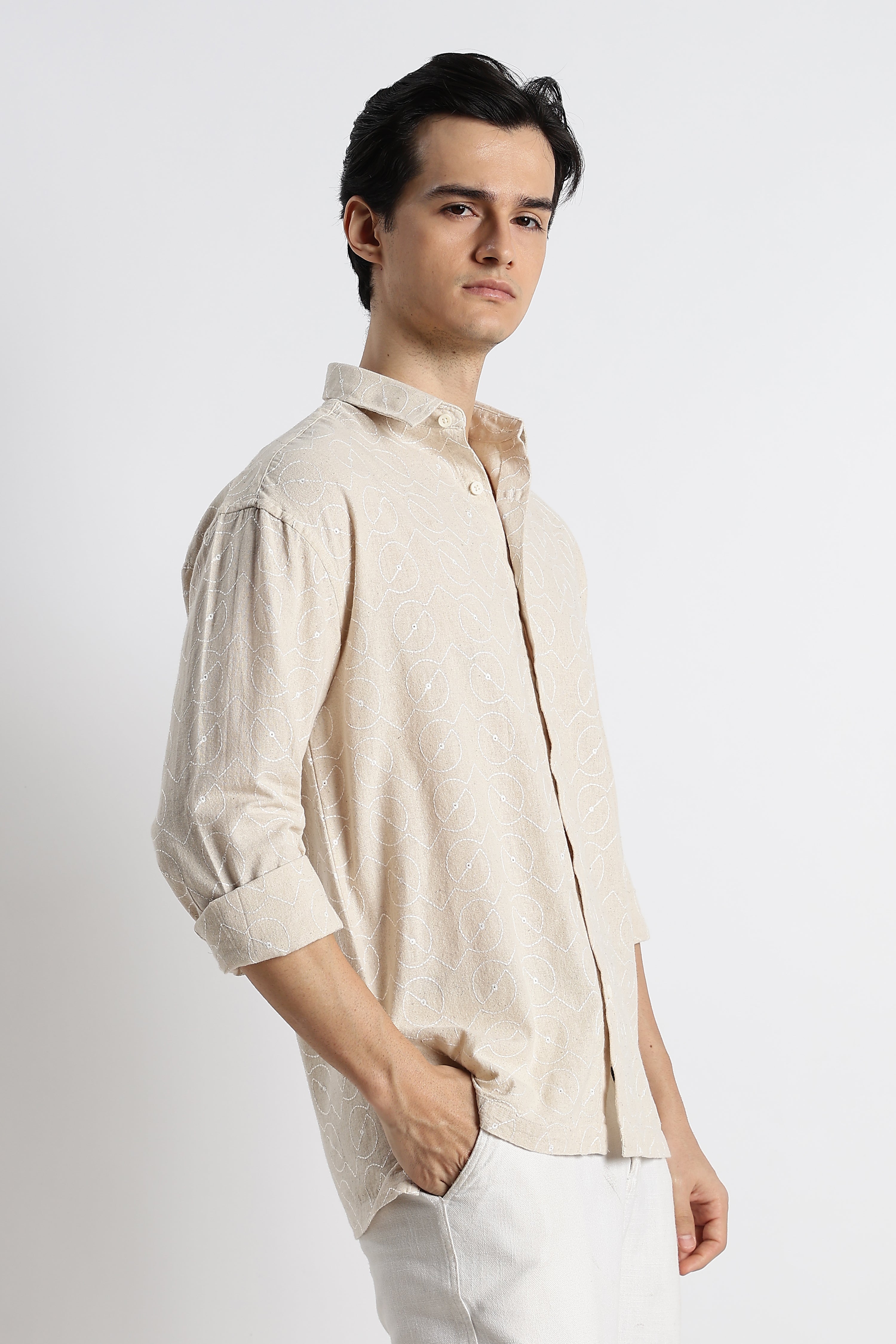 Men Natural Embroidered Cotton Shirt