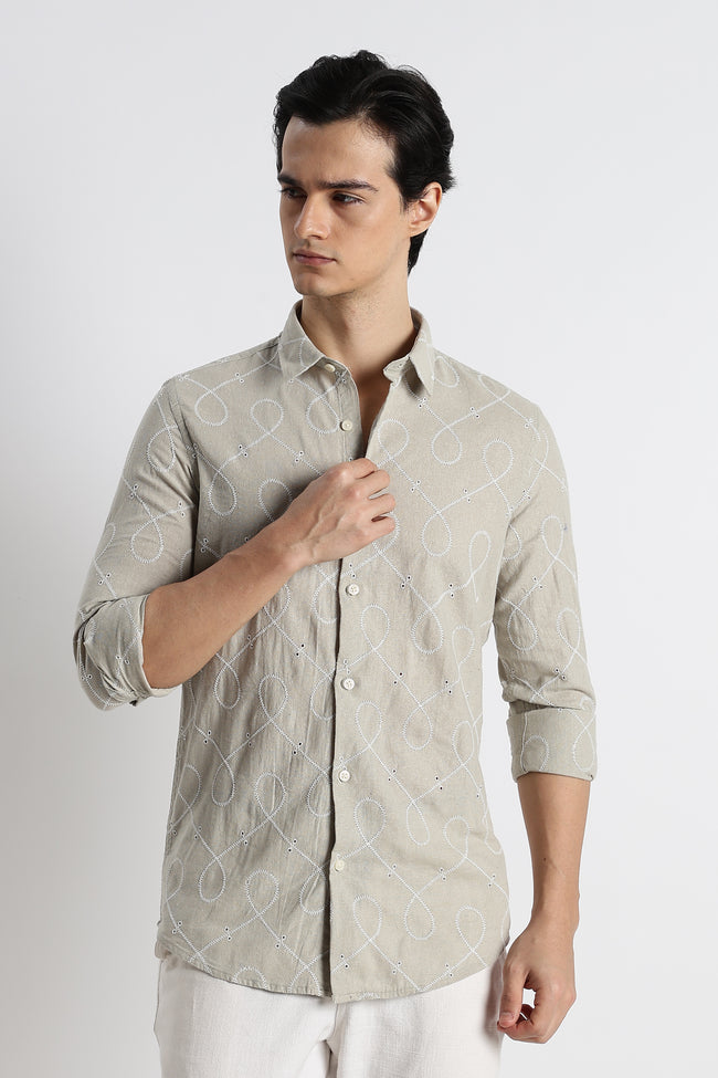 Men Embroidered Cotton-Linen Shirt