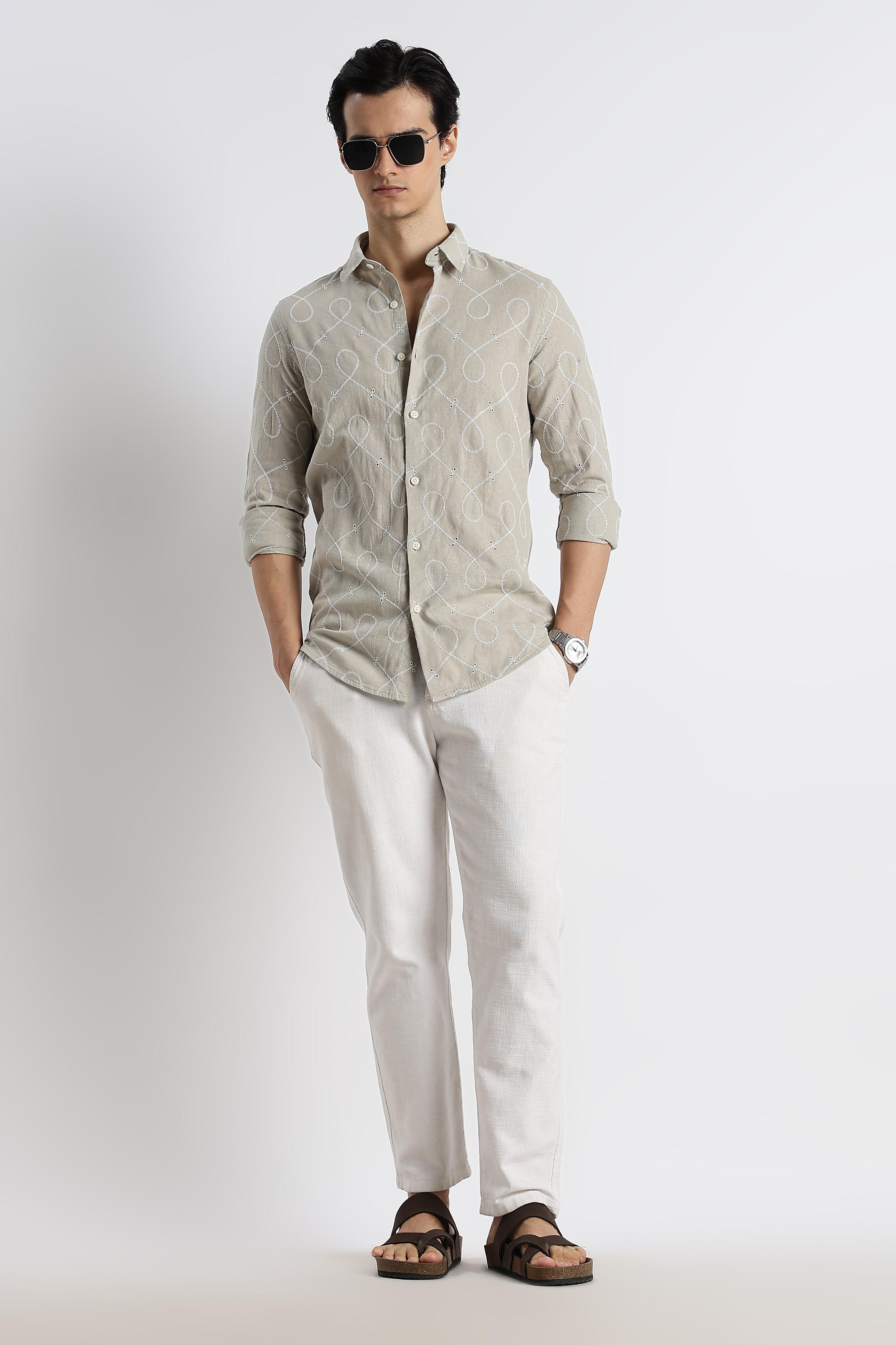 Men Embroidered Cotton-Linen Shirt