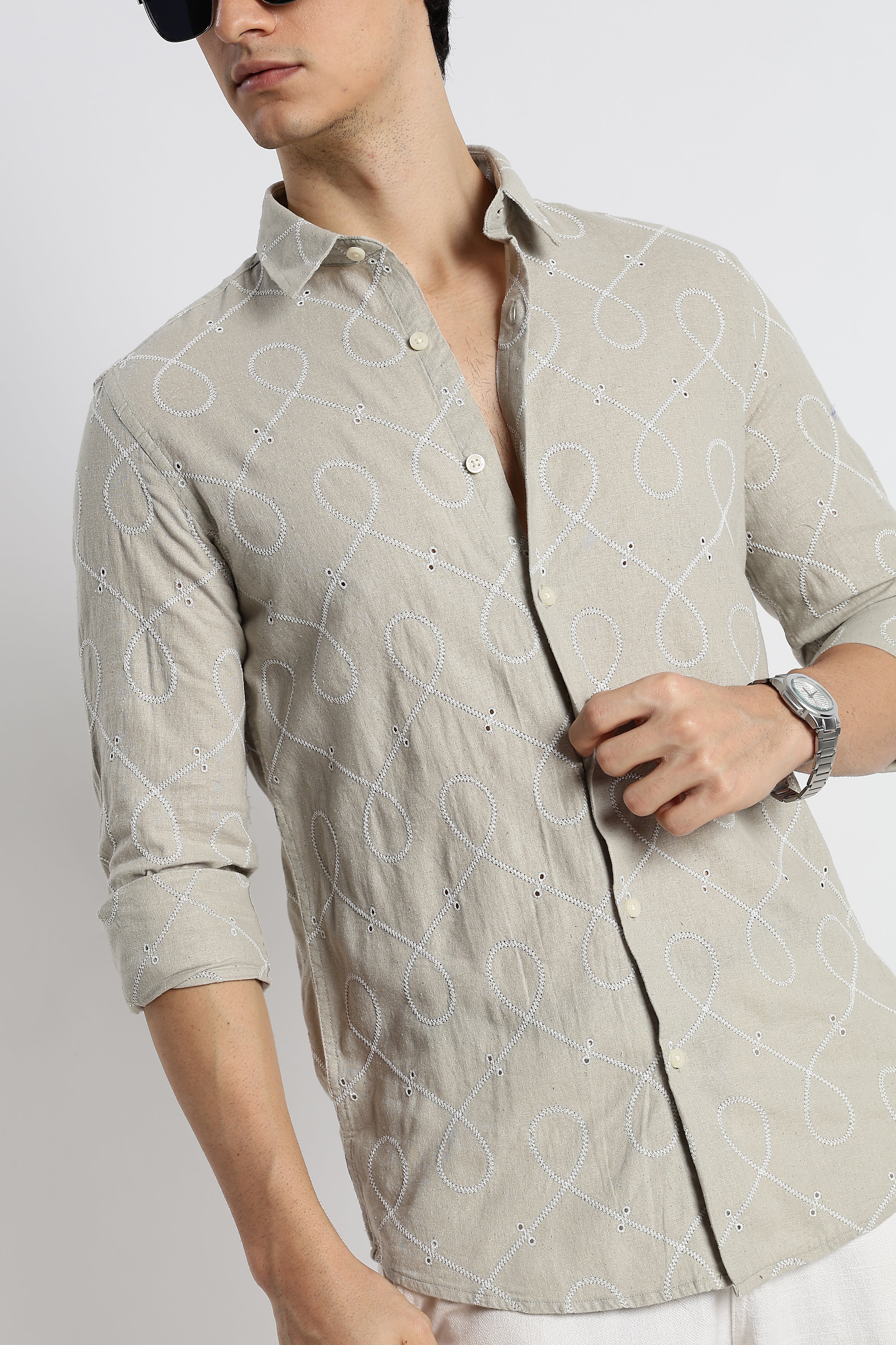 Men Embroidered Cotton-Linen Shirt