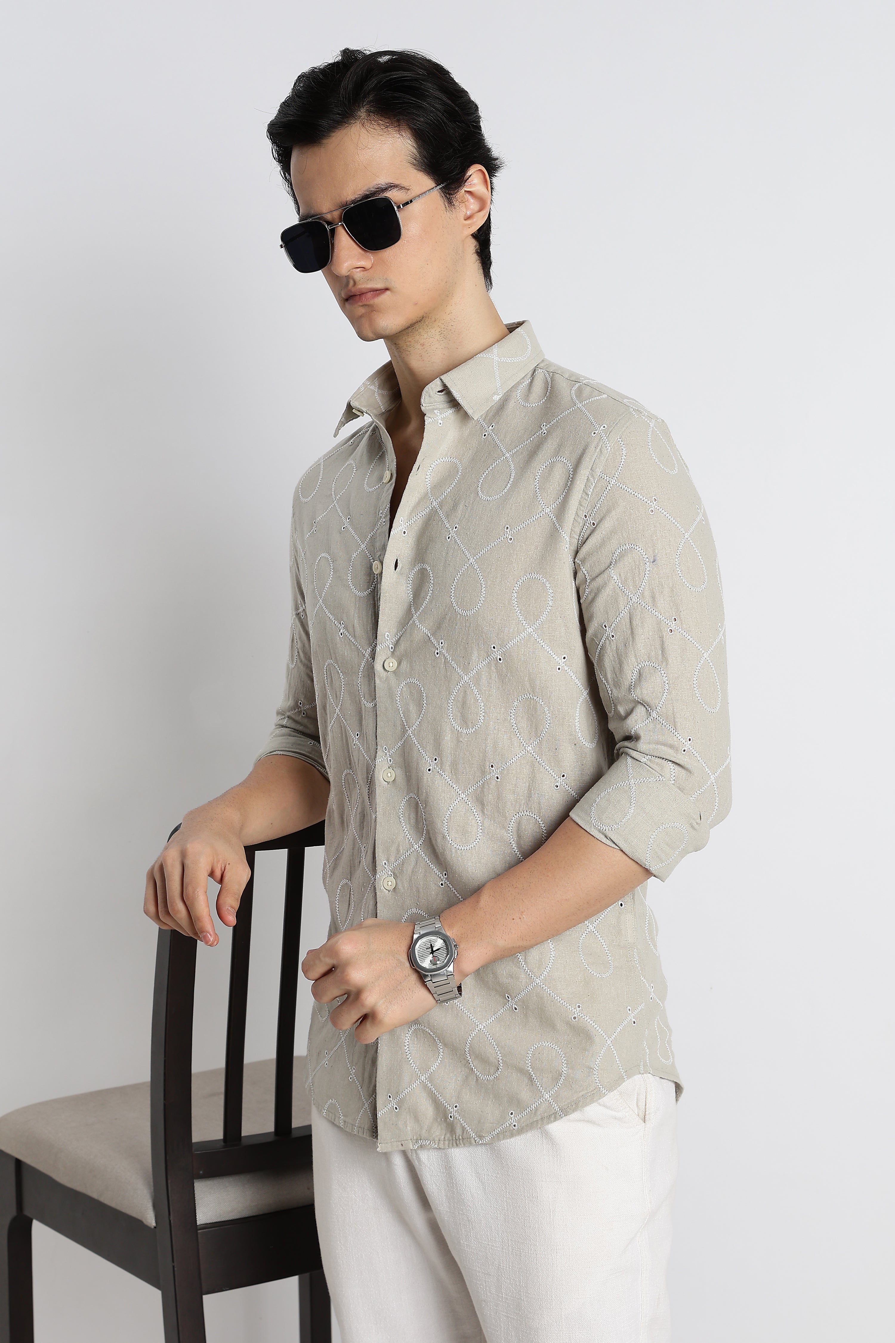 Men Embroidered Cotton-Linen Shirt