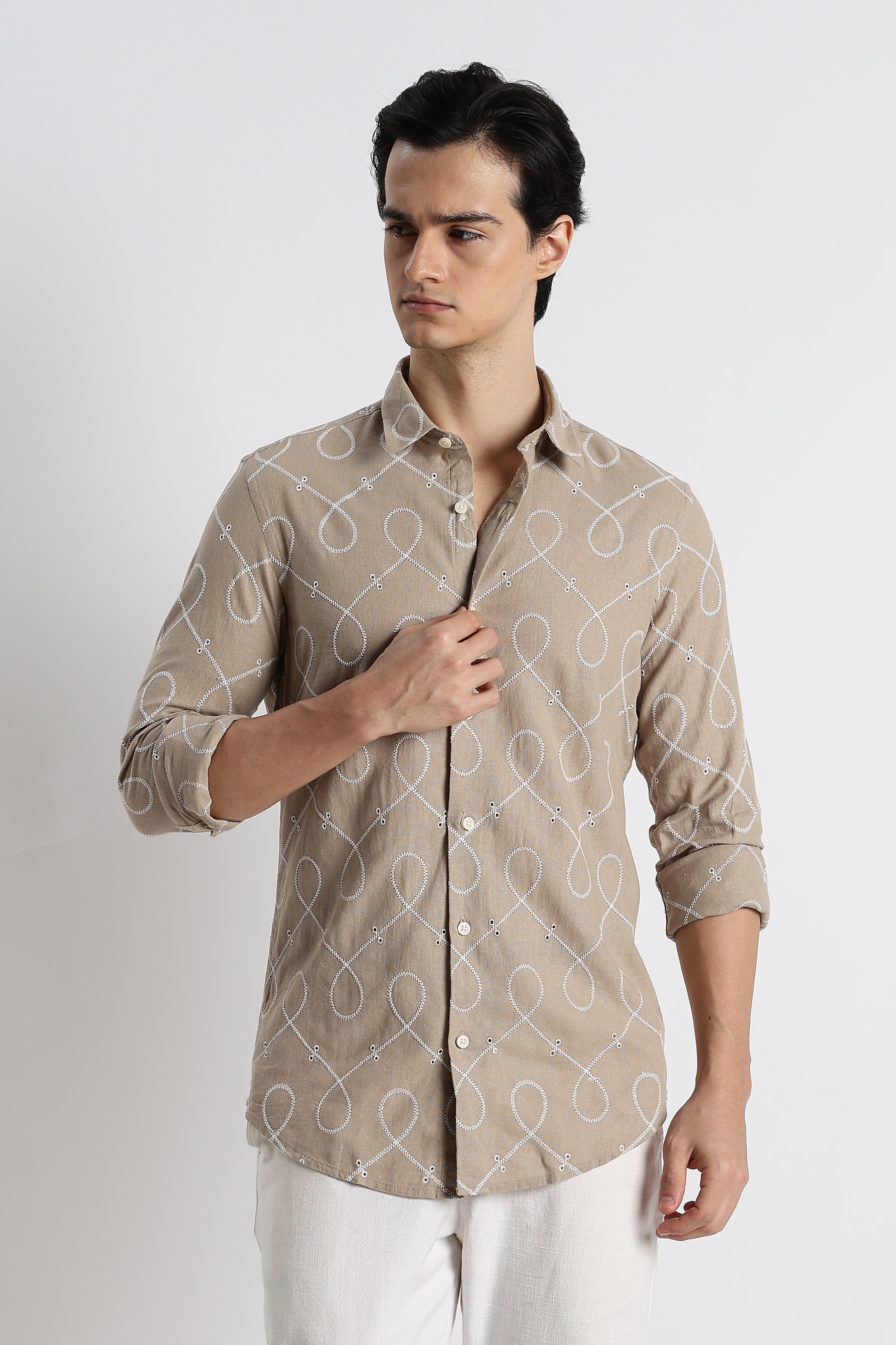 Men Embroidered Cotton-Linen Shirt