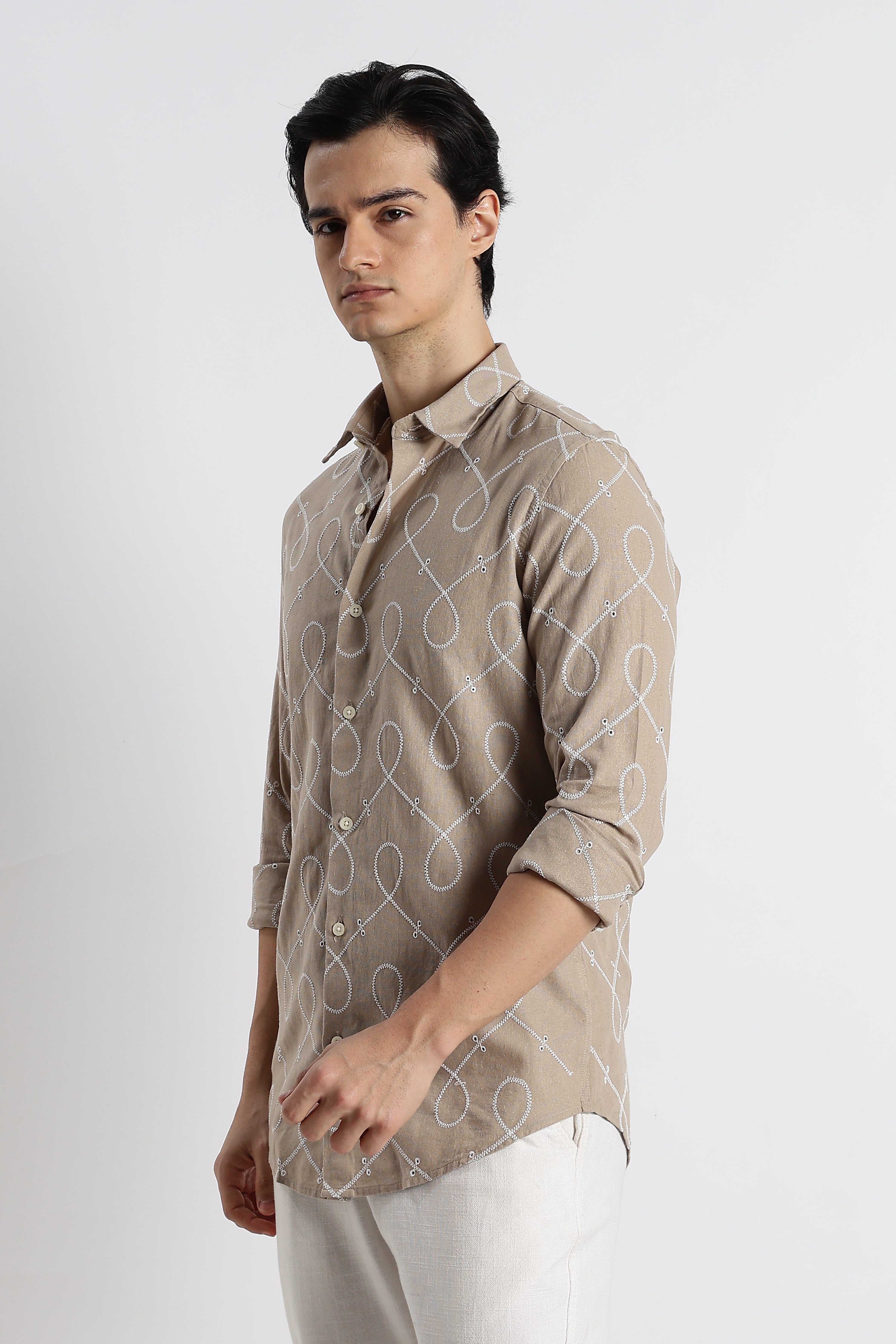 Men Embroidered Cotton-Linen Shirt
