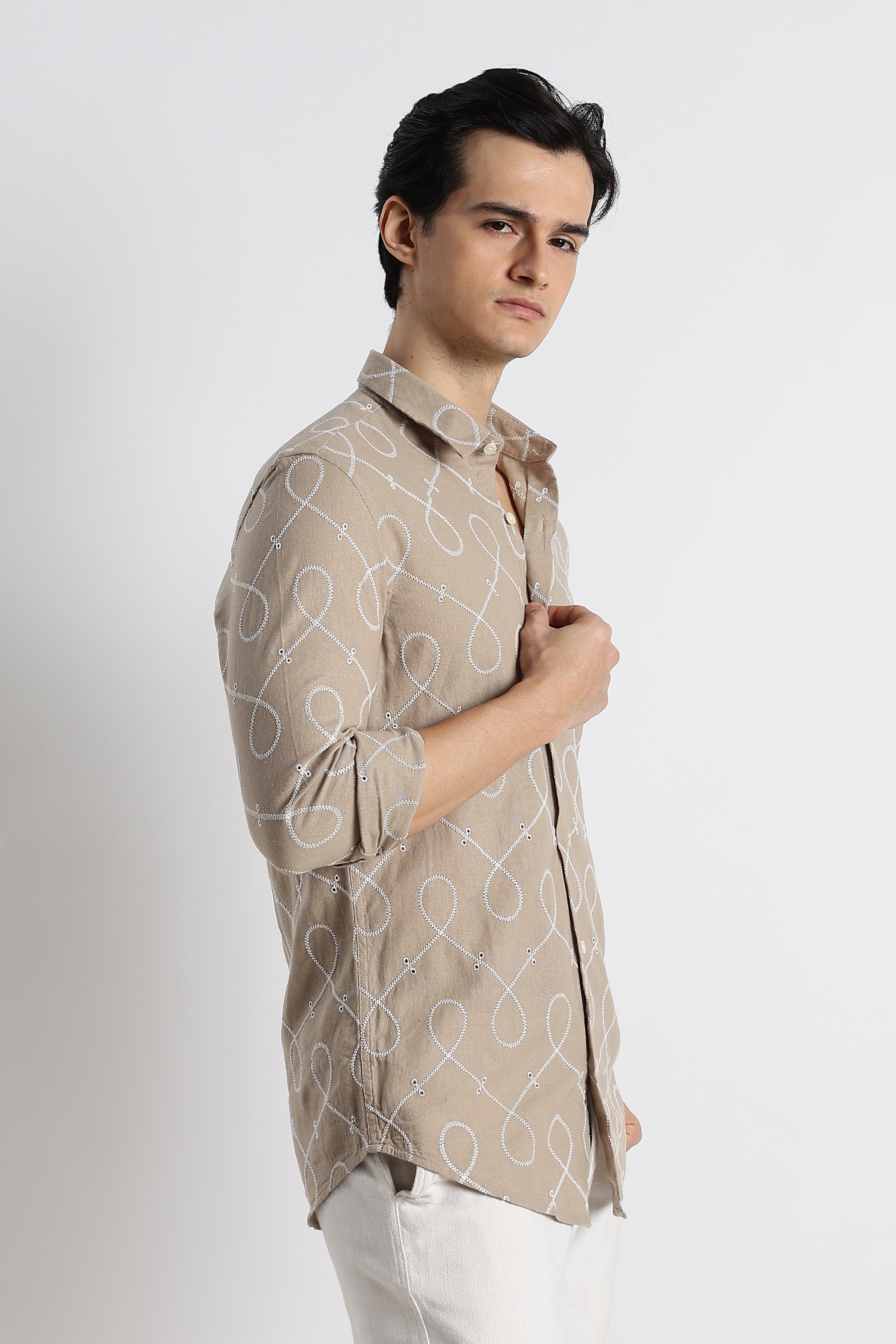 Men Embroidered Cotton-Linen Shirt