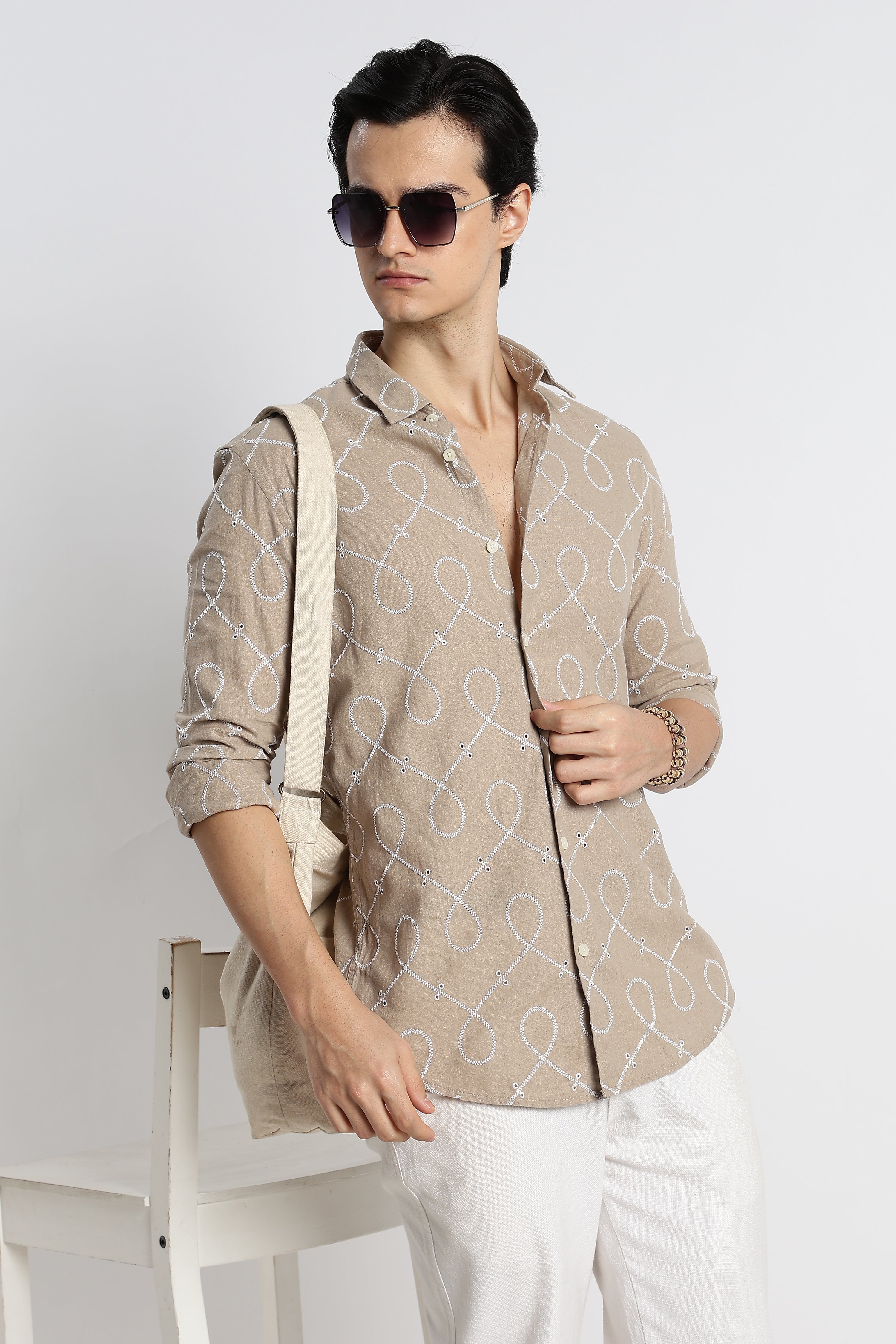 Men Embroidered Cotton-Linen Shirt