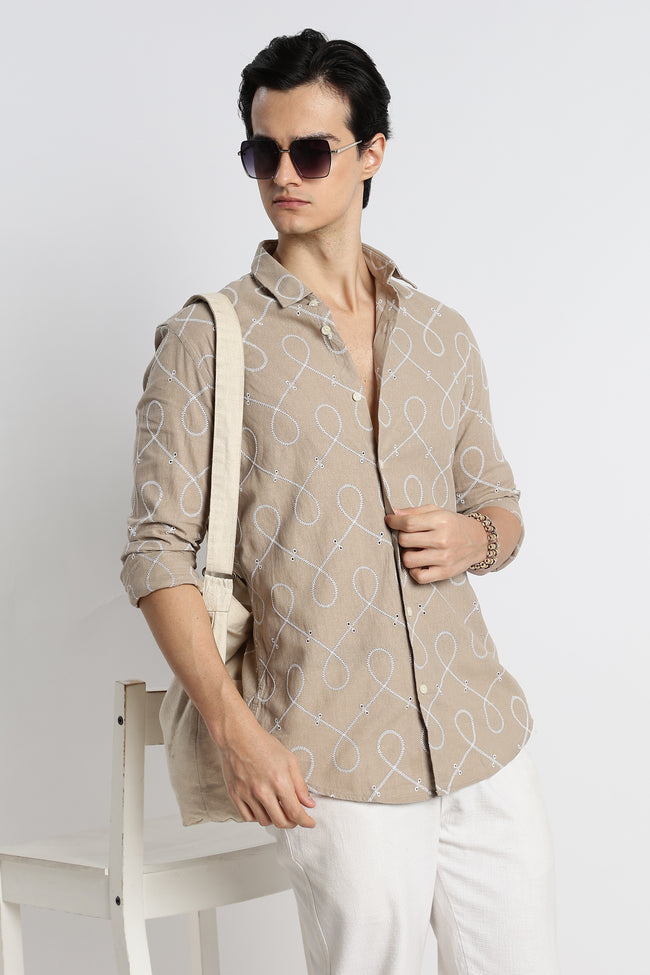 Men Embroidered Cotton-Linen Shirt