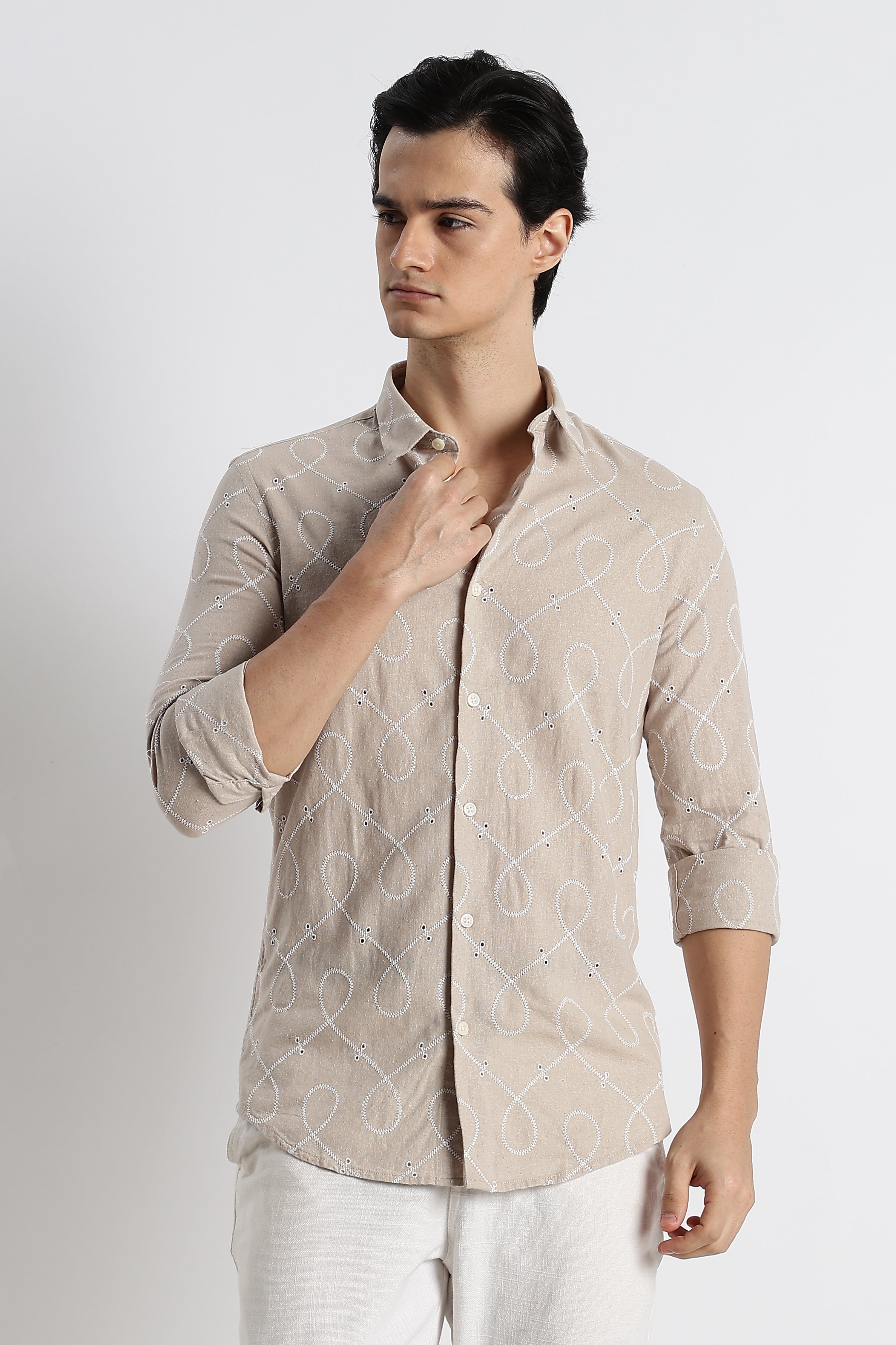 Men Embroidered Cotton-Linen Shirt