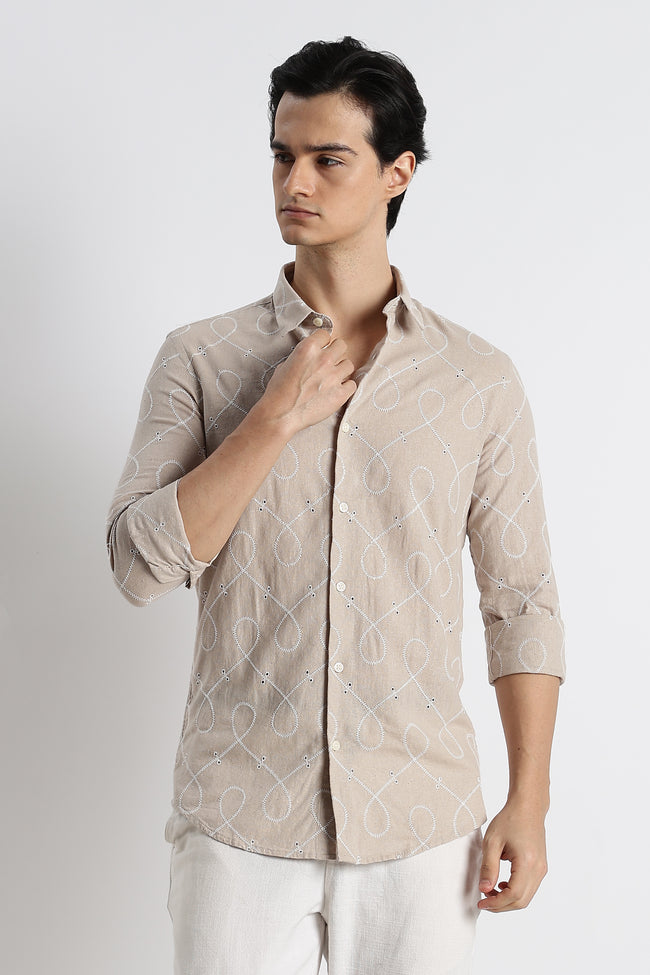 Men Embroidered Cotton-Linen Shirt