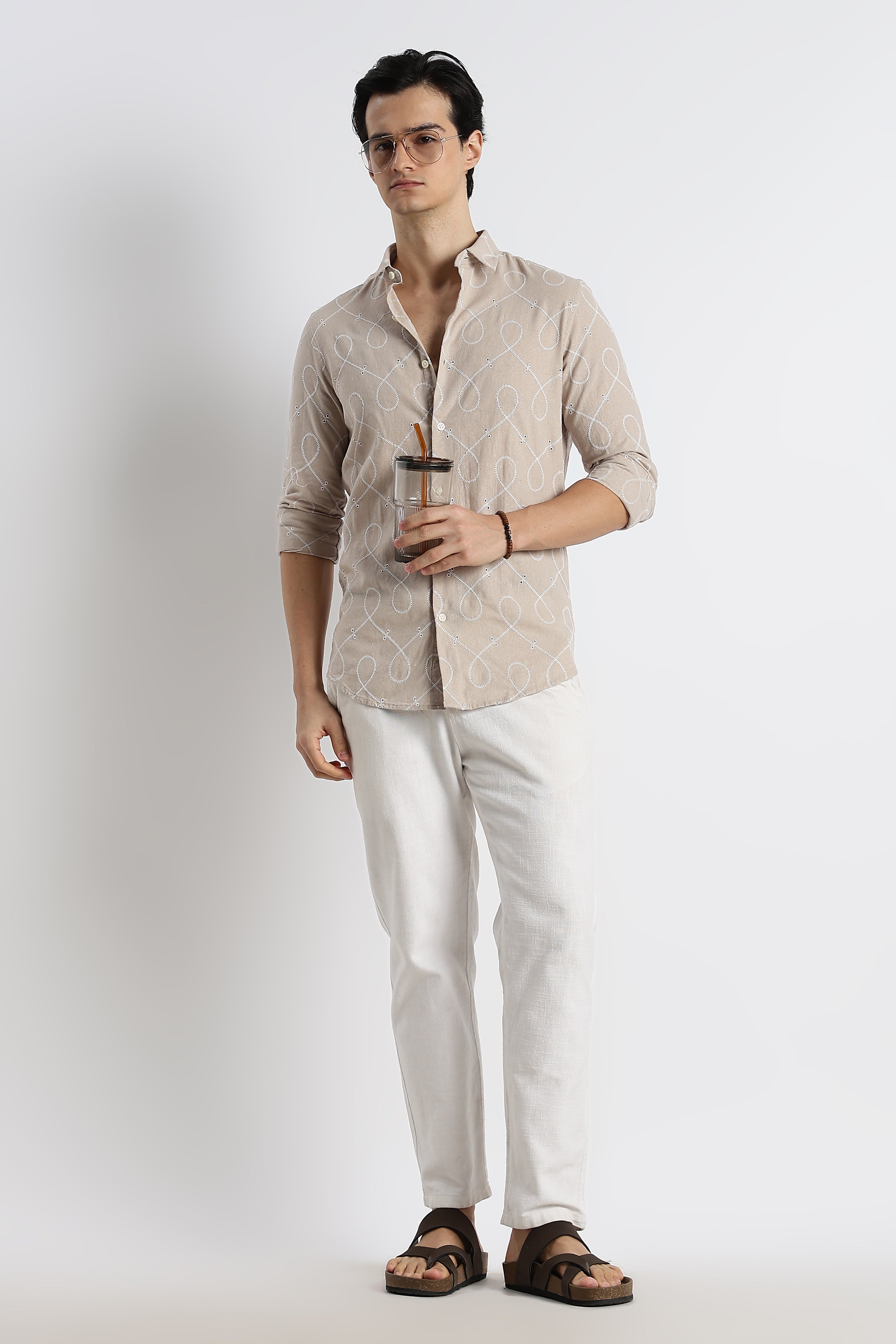 Men Embroidered Cotton-Linen Shirt