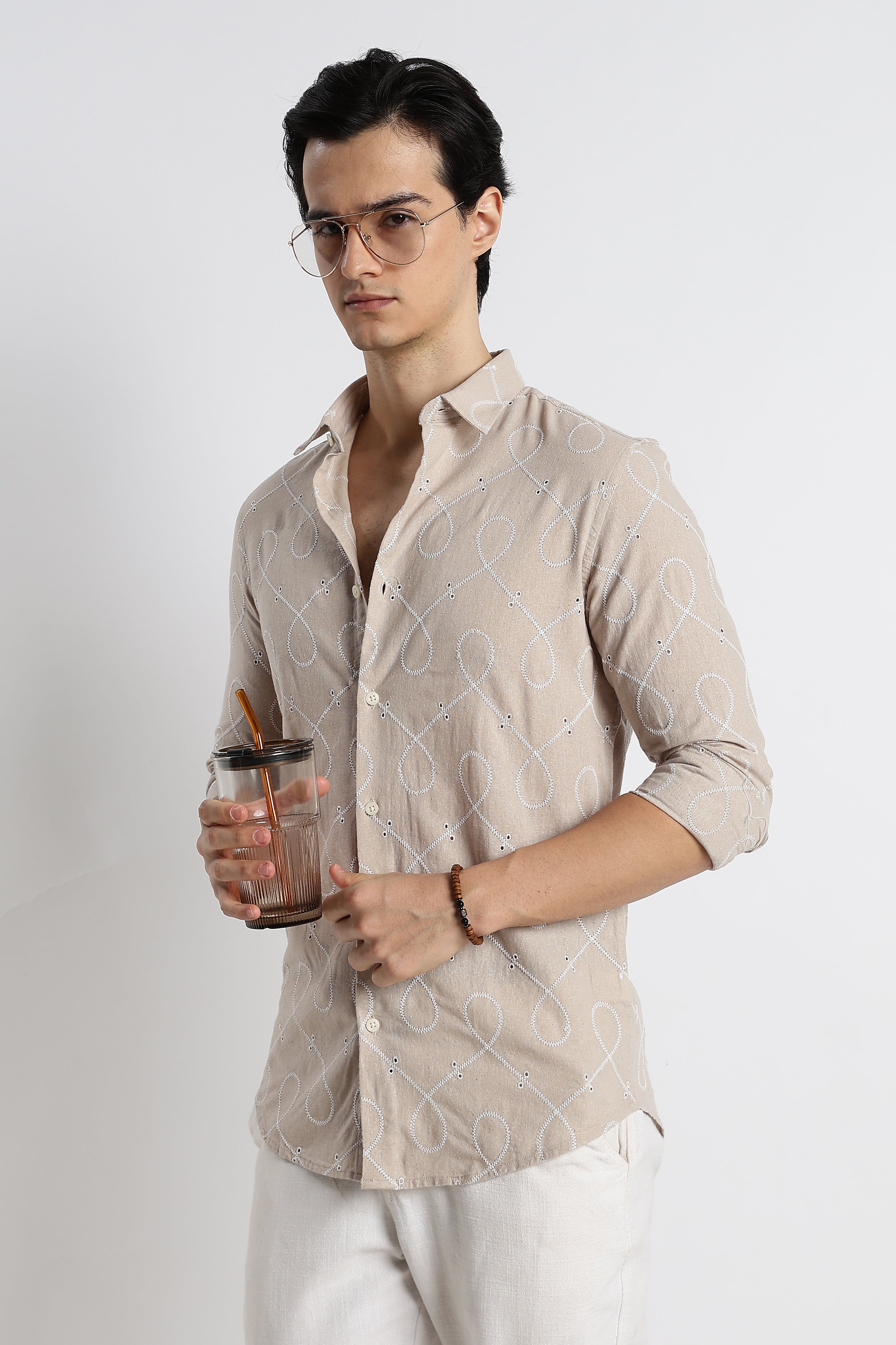 Men Embroidered Cotton-Linen Shirt